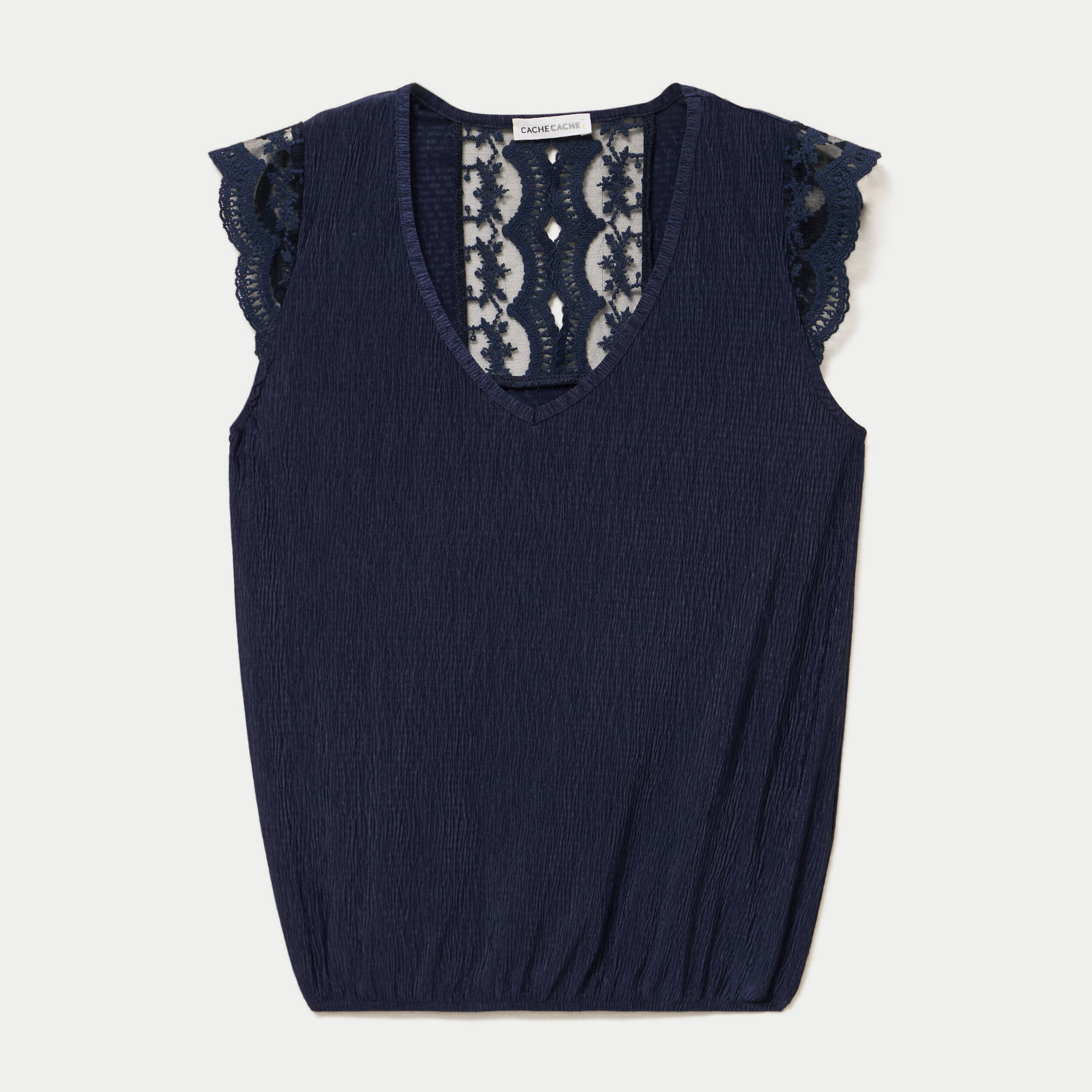 Blouse sans manches pliss&eacute;e bleu marine femme