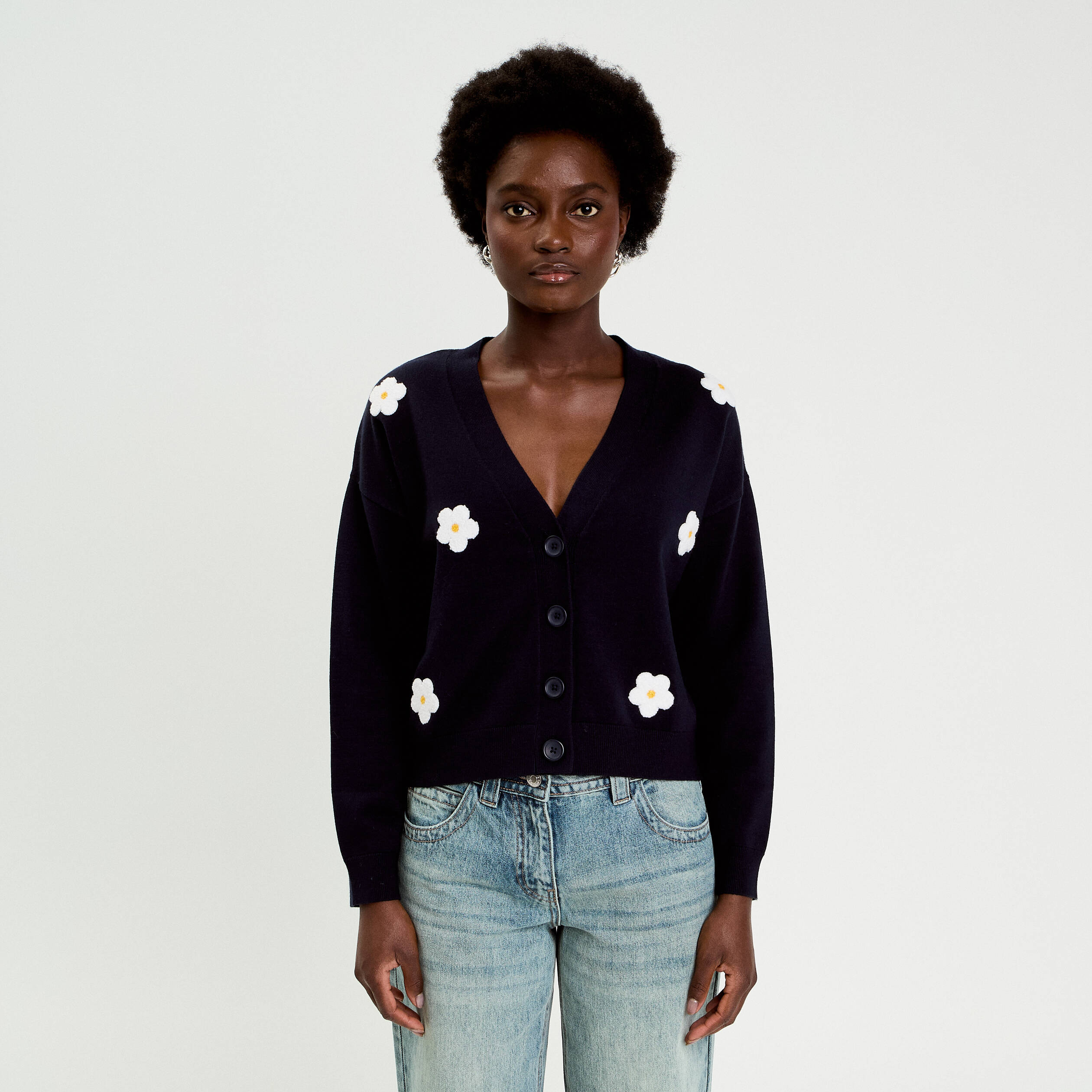 Gilet brod&eacute; col v bleu marine femme