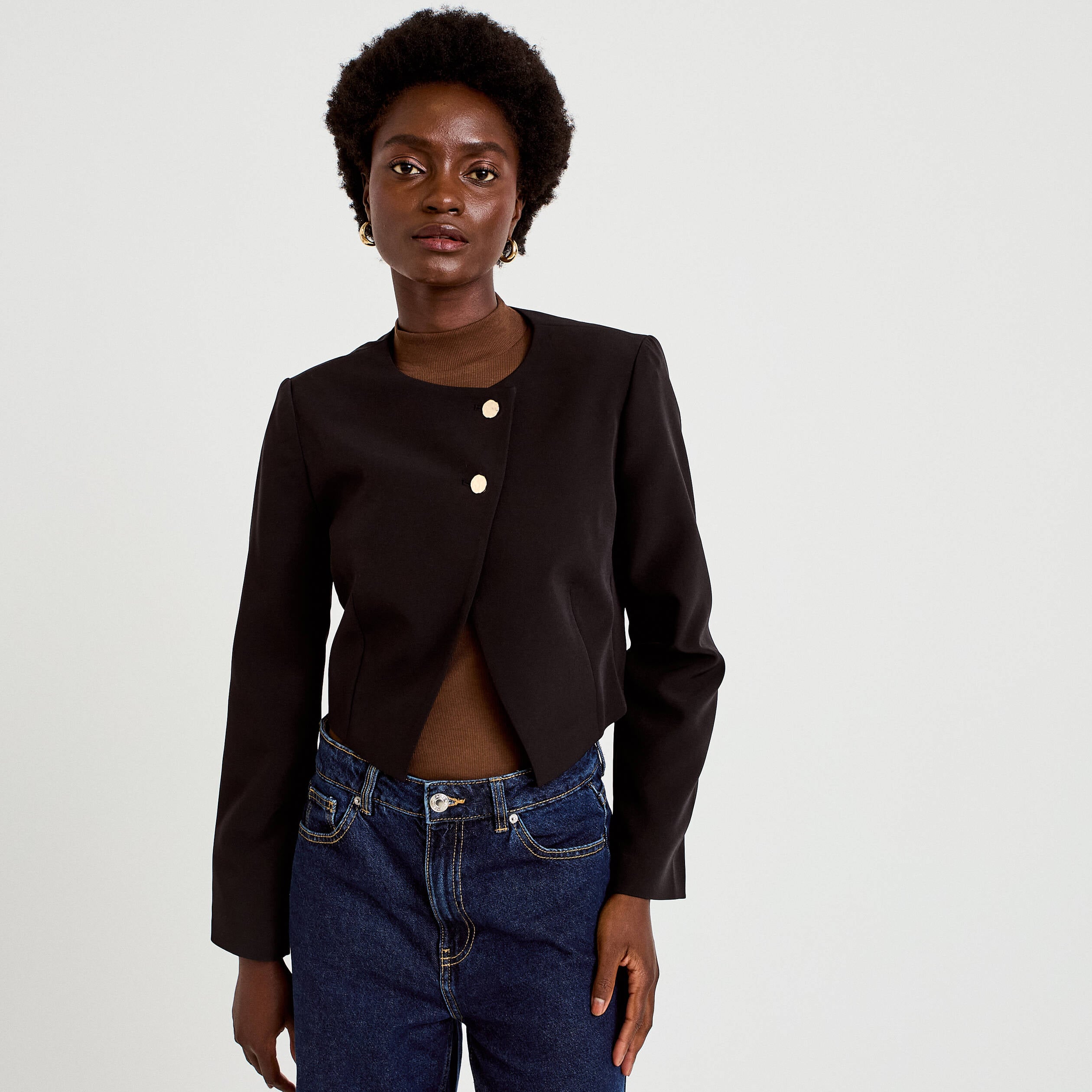 Blazer droit cropped col rond noir femme