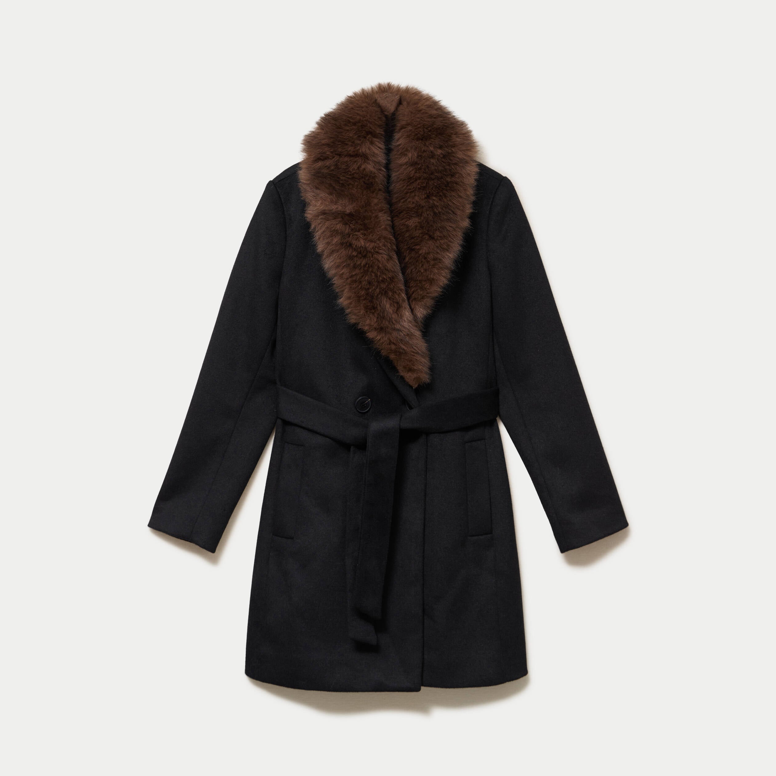 Manteau cintr&eacute; col ch&acirc;le manches longues noir femme