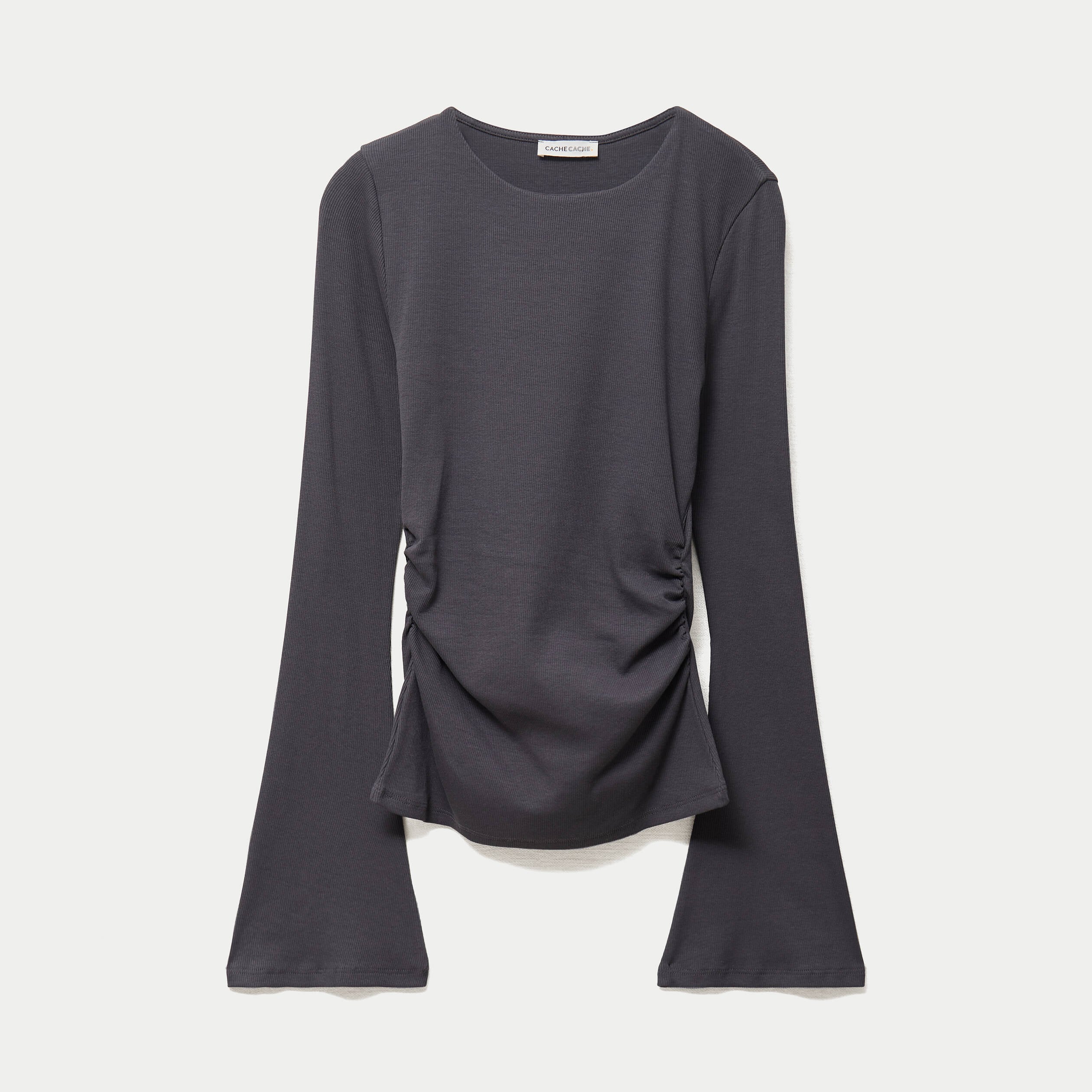 T-shirt ajust&eacute; col rond manches longues gris fonc&eacute; femme