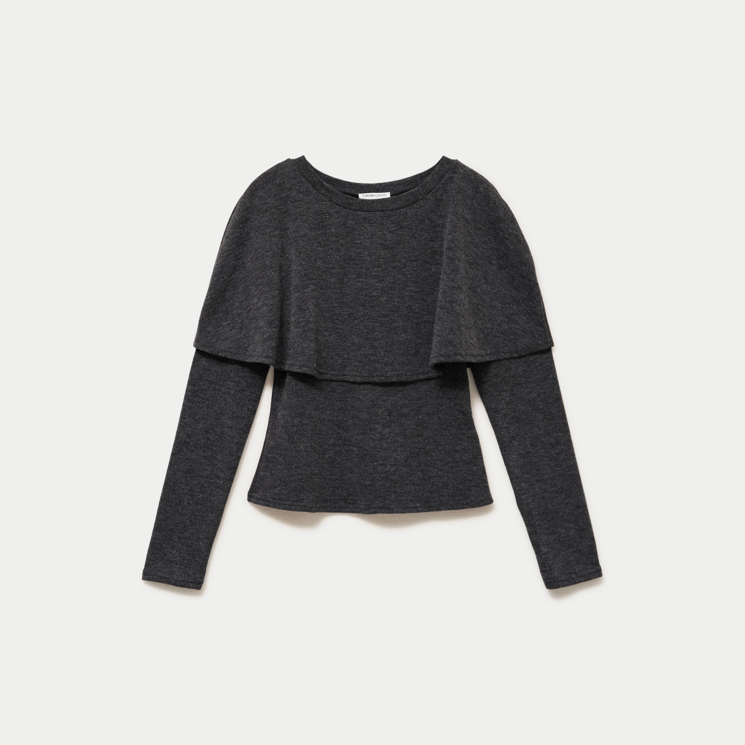 Pull cape col rond manches longues gris fonc&eacute; femme