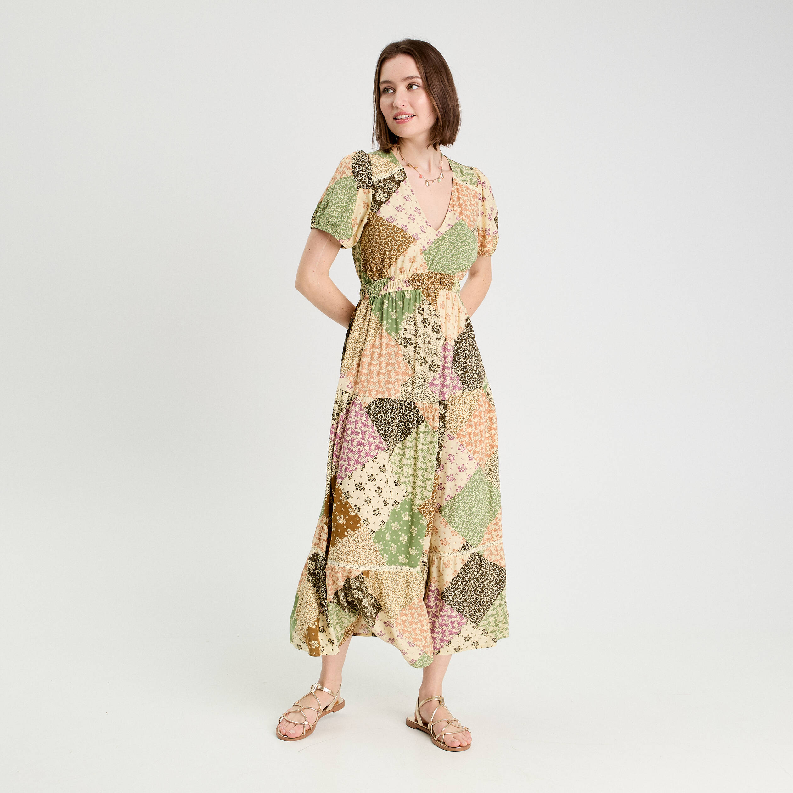 Robe longue &eacute;vas&eacute;e beige femme