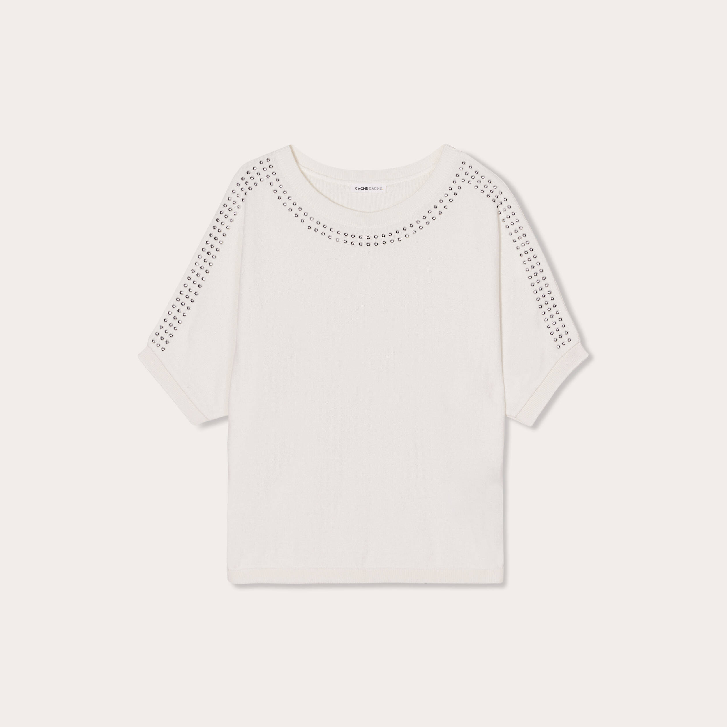 Pull manches courtes clous ecru femme
