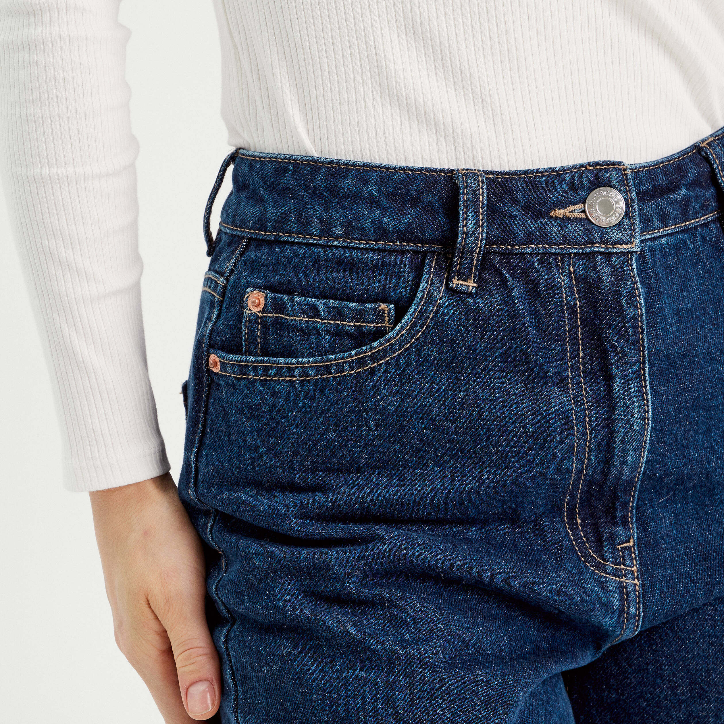 Jeans droit cropped taille haute denim brut femme