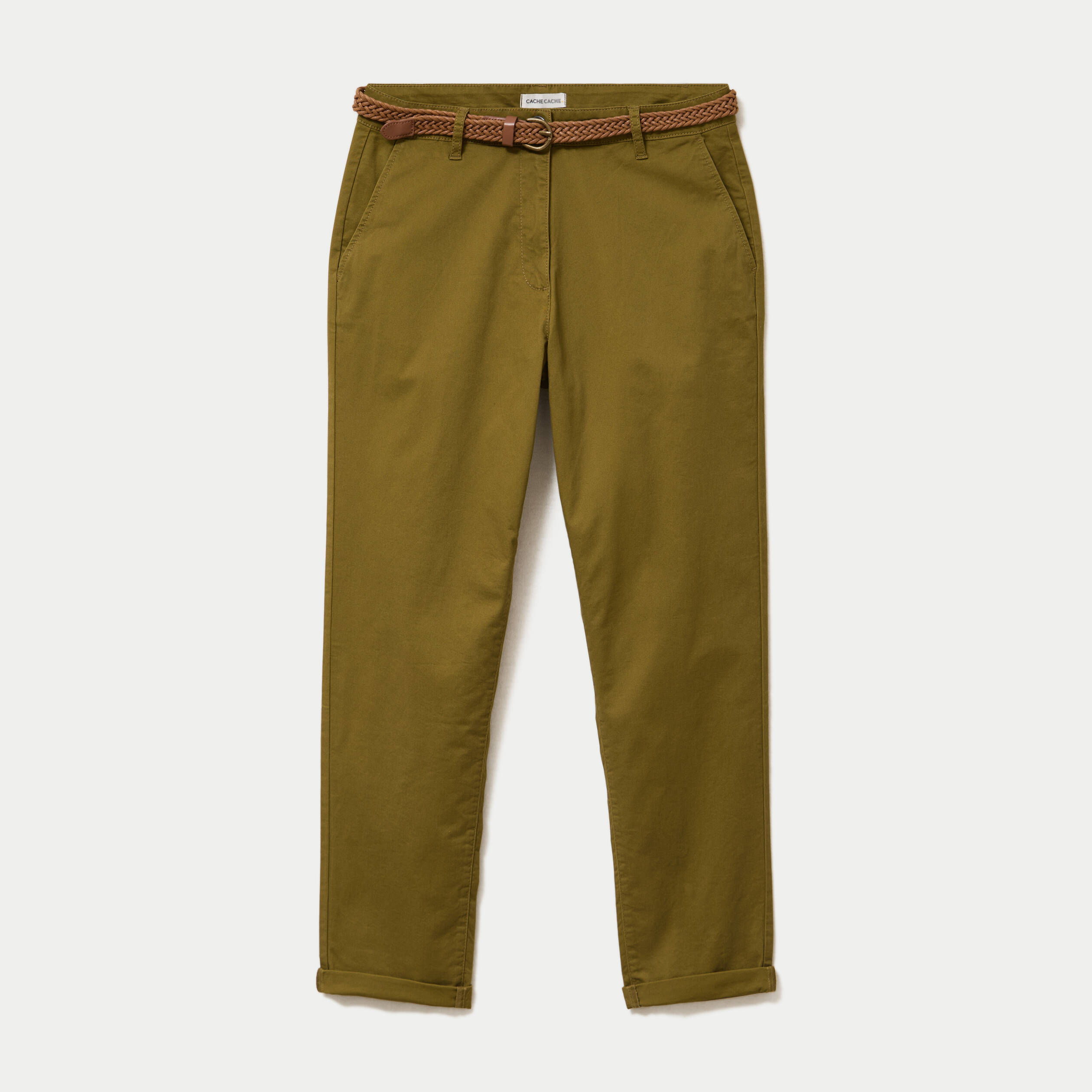Pantalon chino 7/8&egrave;me vert kaki femme