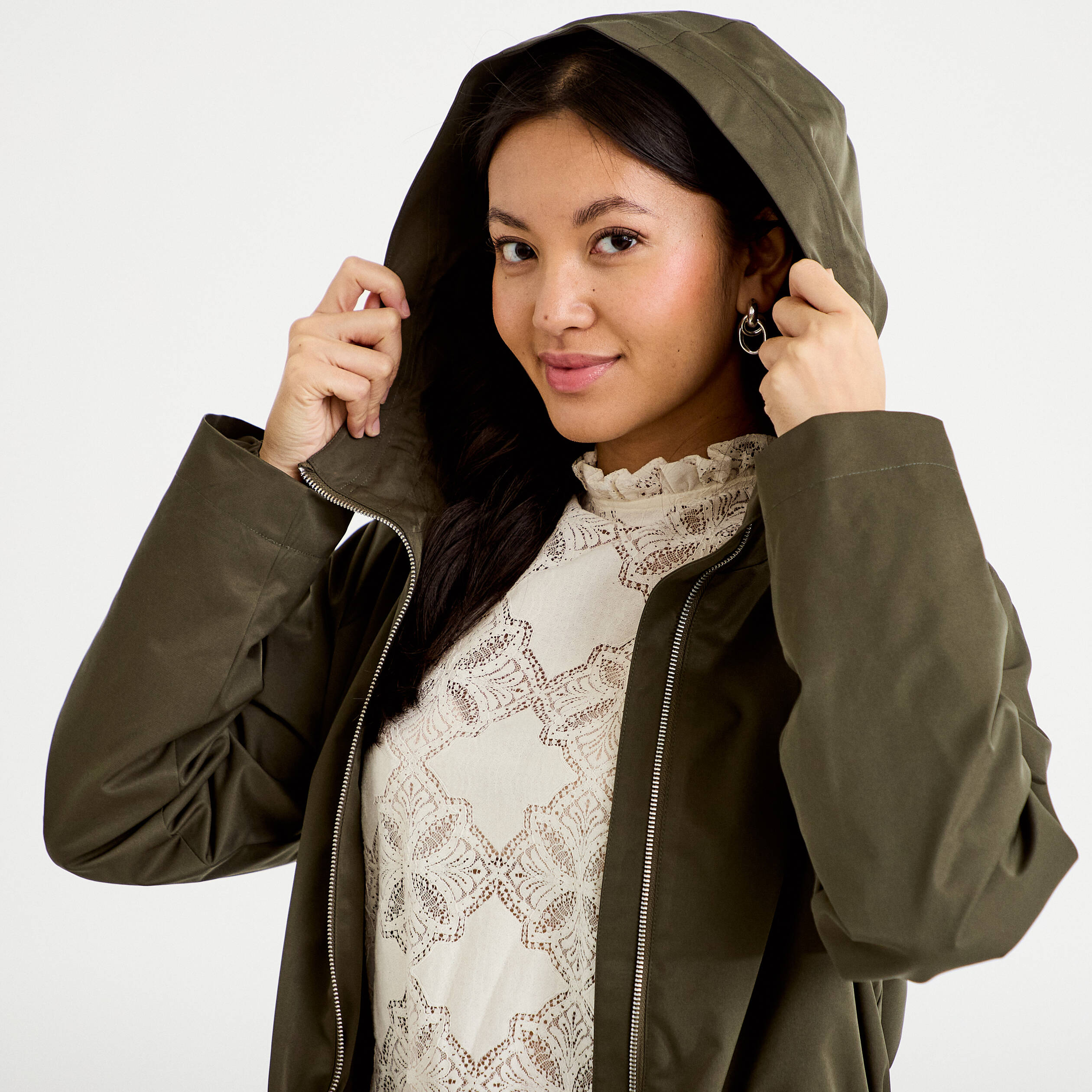 Parka &agrave; capuche taille ajustable vert kaki femme