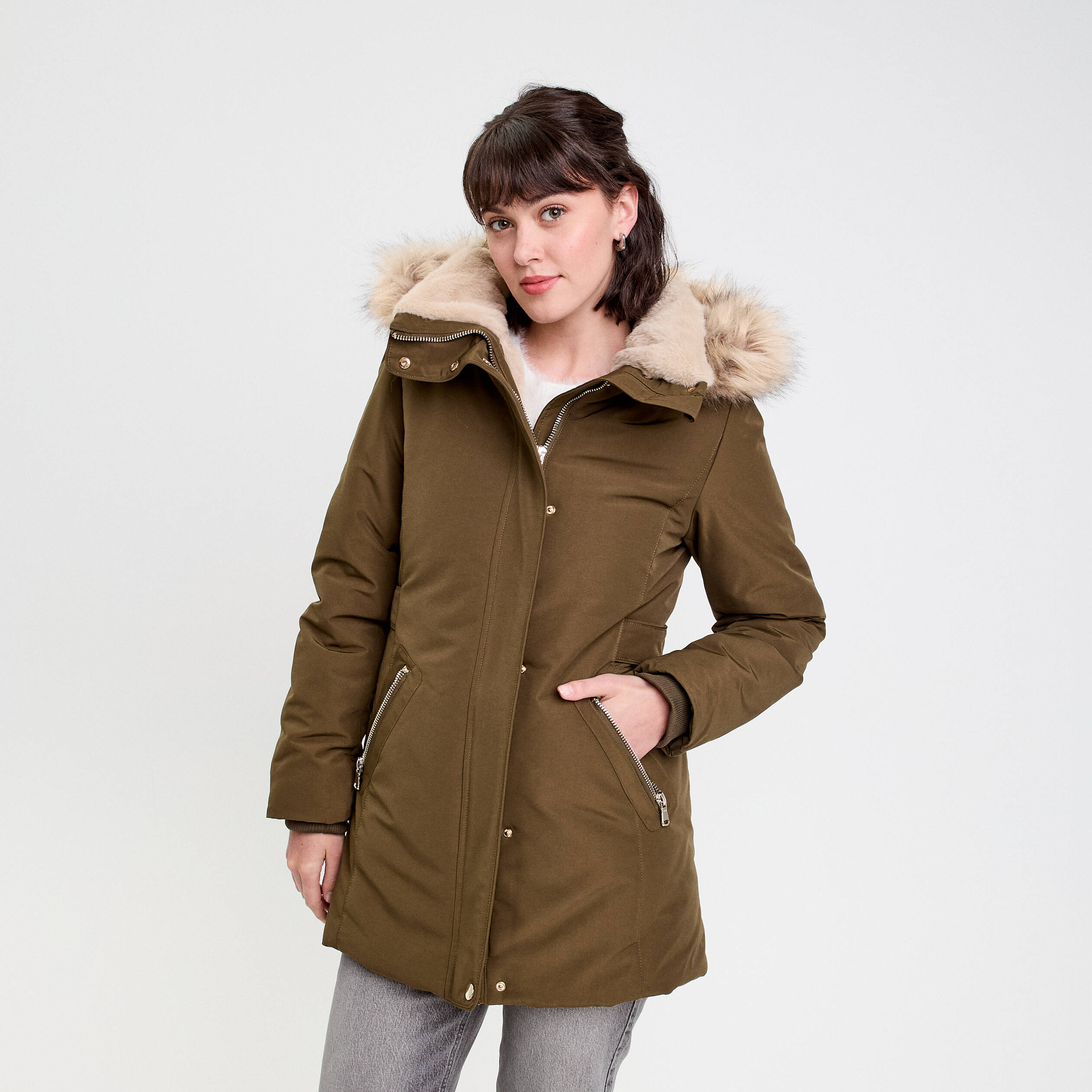 Parka &agrave; capuche fausse fourrure vert kaki femme
