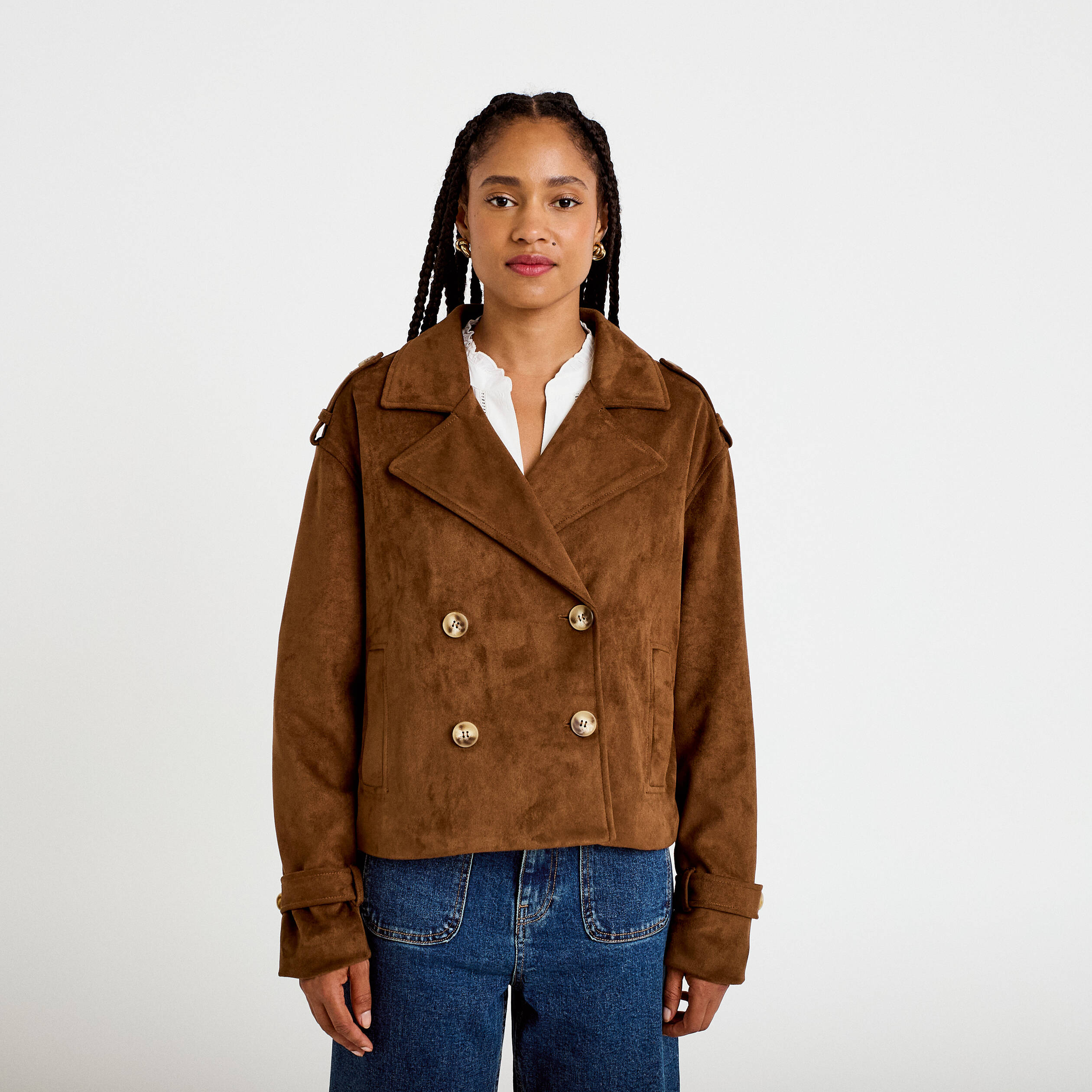 Trench droit manches longues aspect daim marron femme