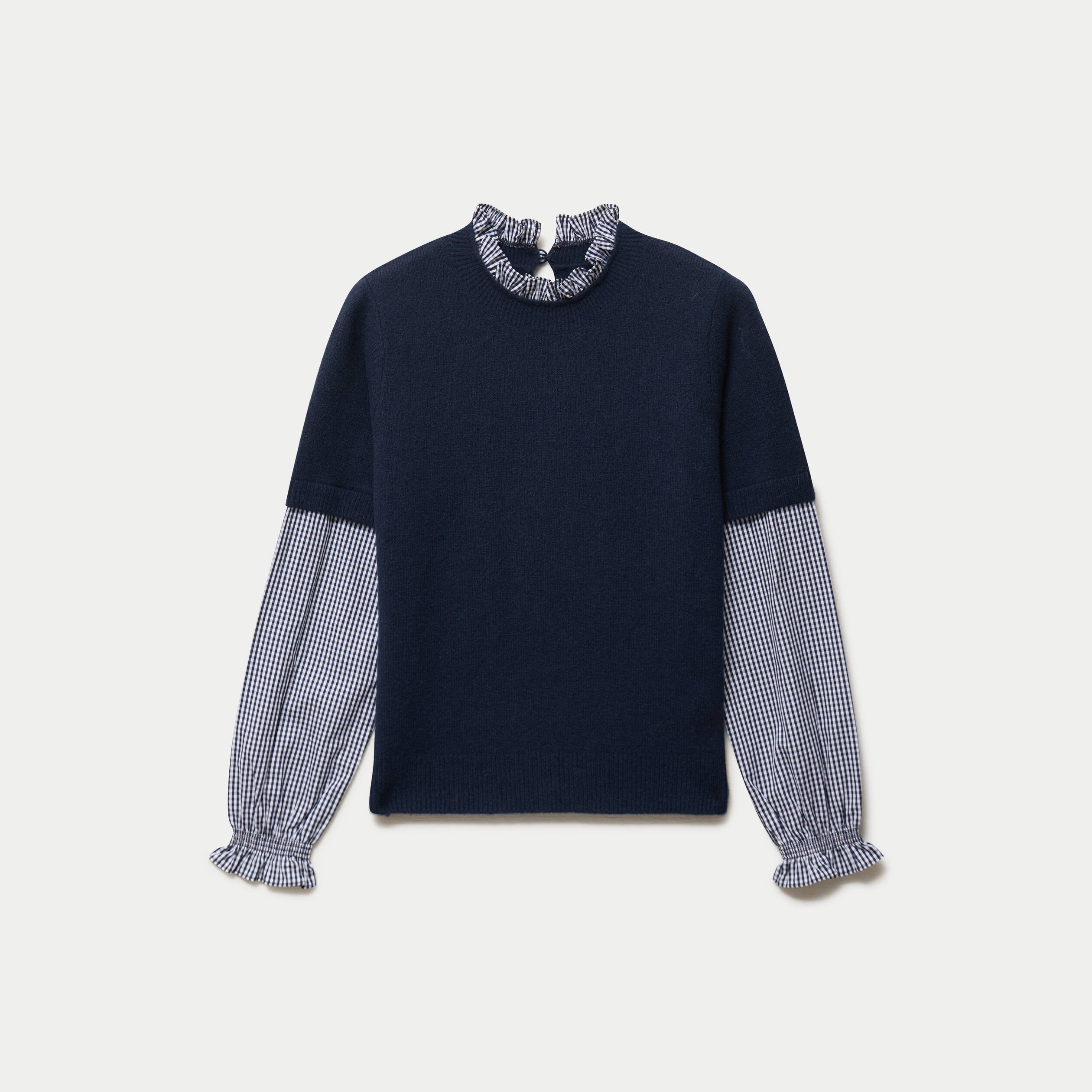 Pull col rond vichy manches longues bleu marine femme
