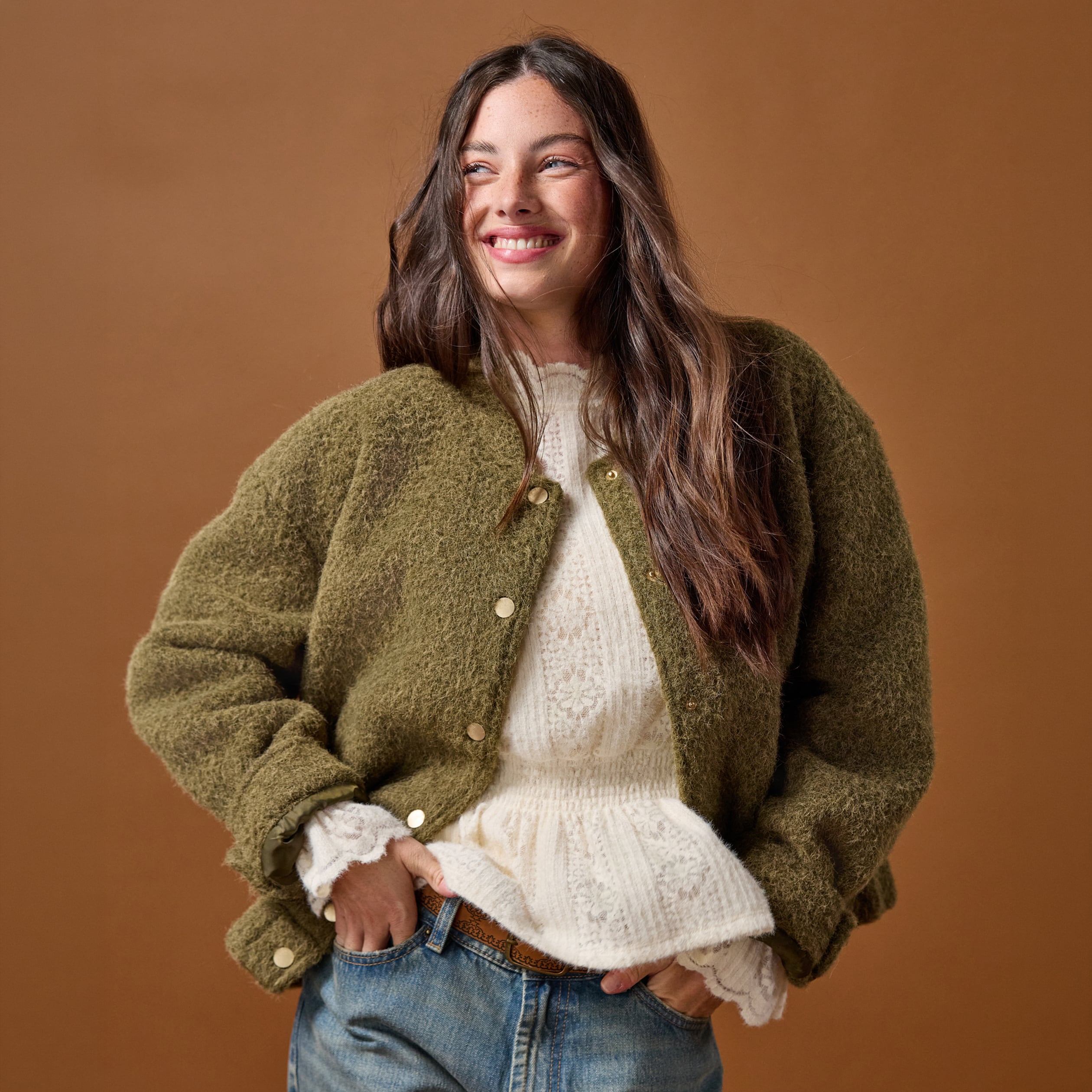 Bomber oversize manches longues vert kaki femme