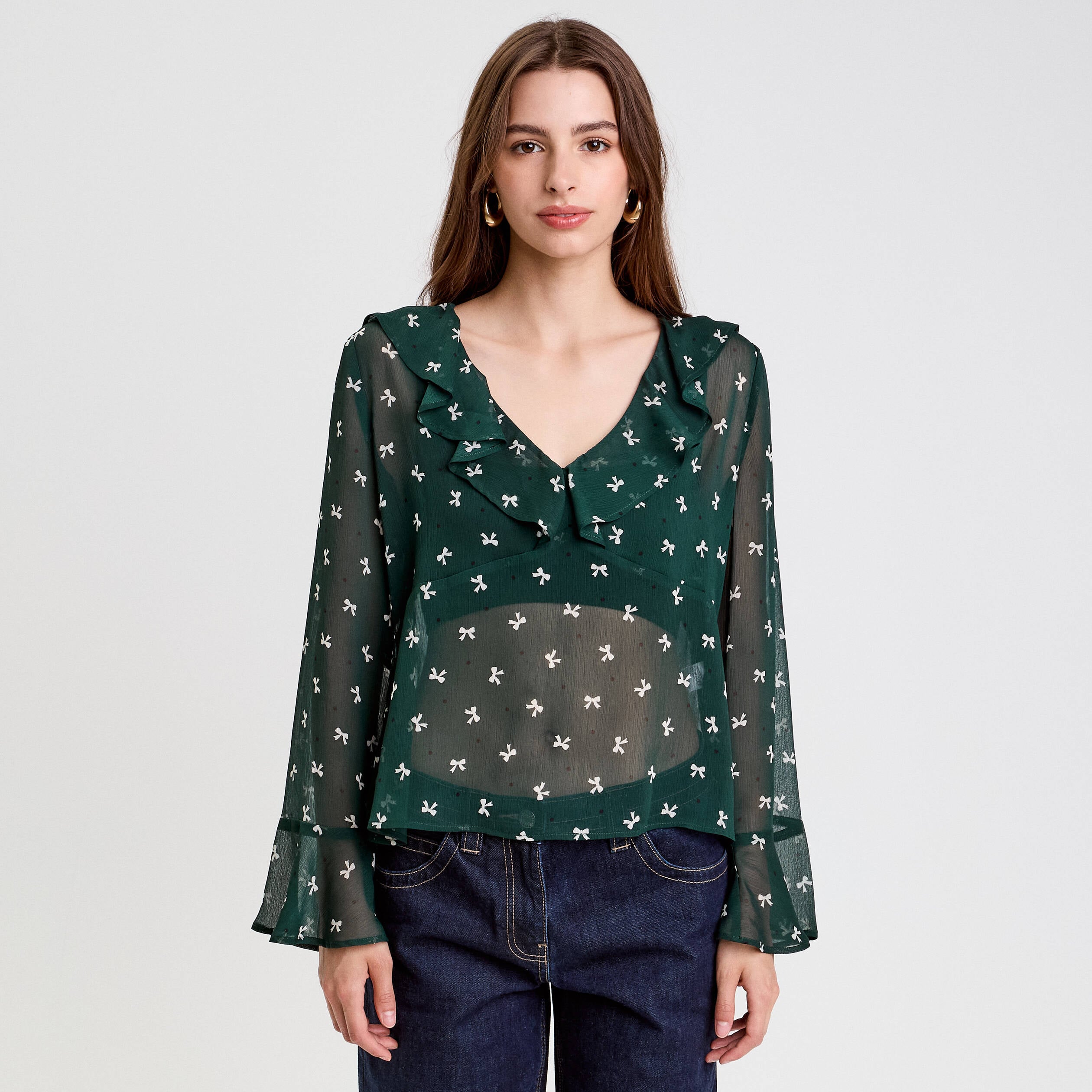 Blouse col V vert fonc&eacute; femme