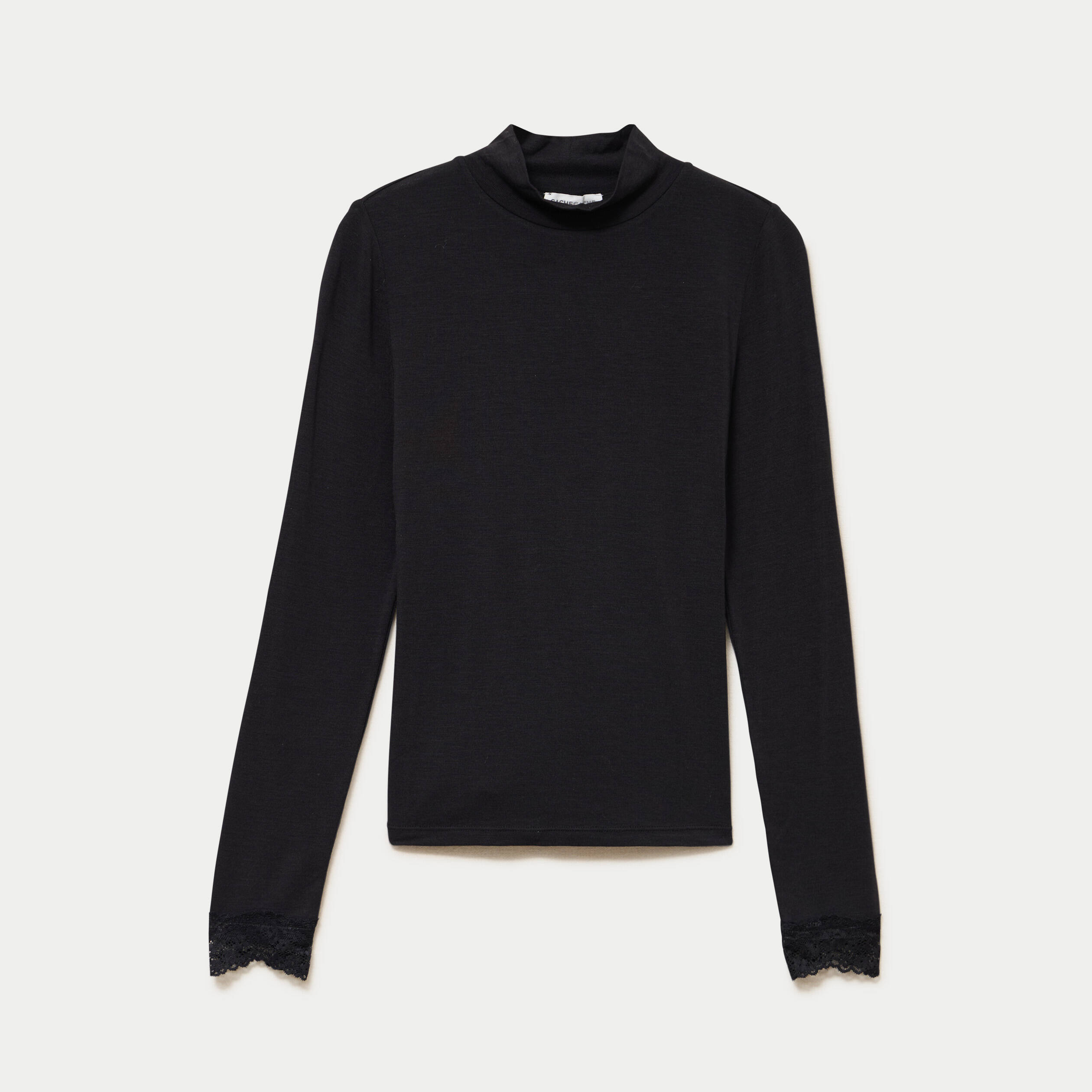 T-shirt ajust&eacute; col roul&eacute; dentelle noir femme