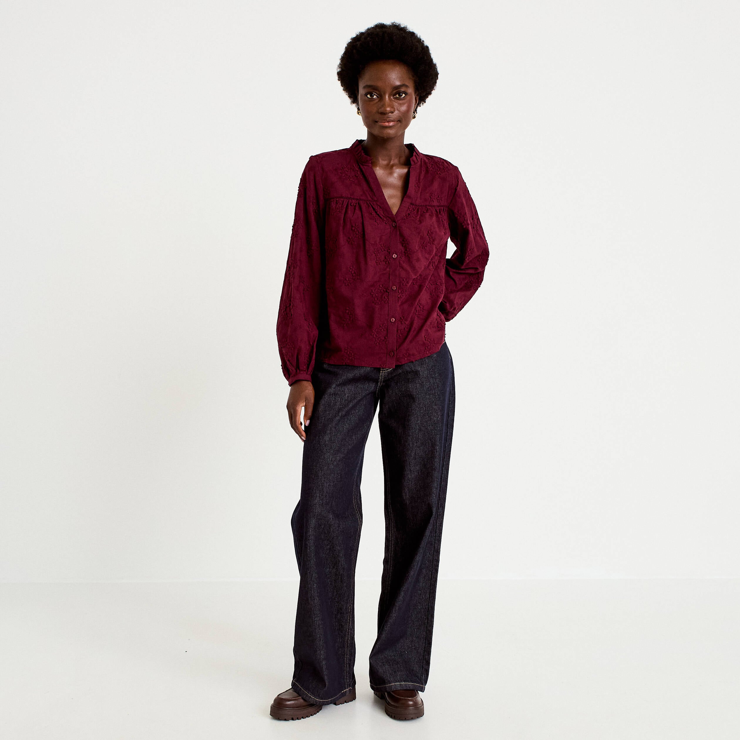 Blouse droite col rond manches longues bordeaux femme