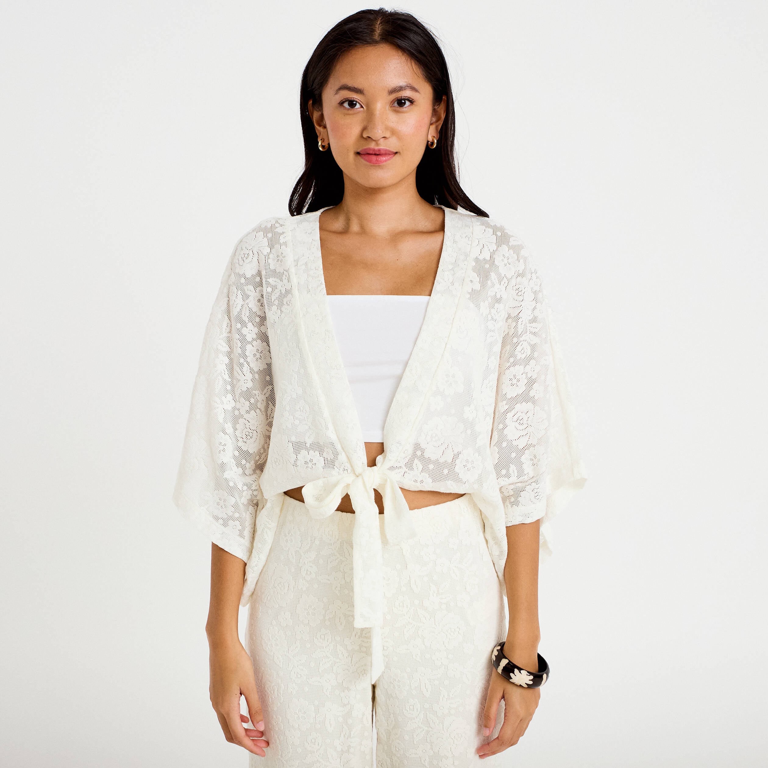 Kimono oversize ajour&eacute; ecru femme