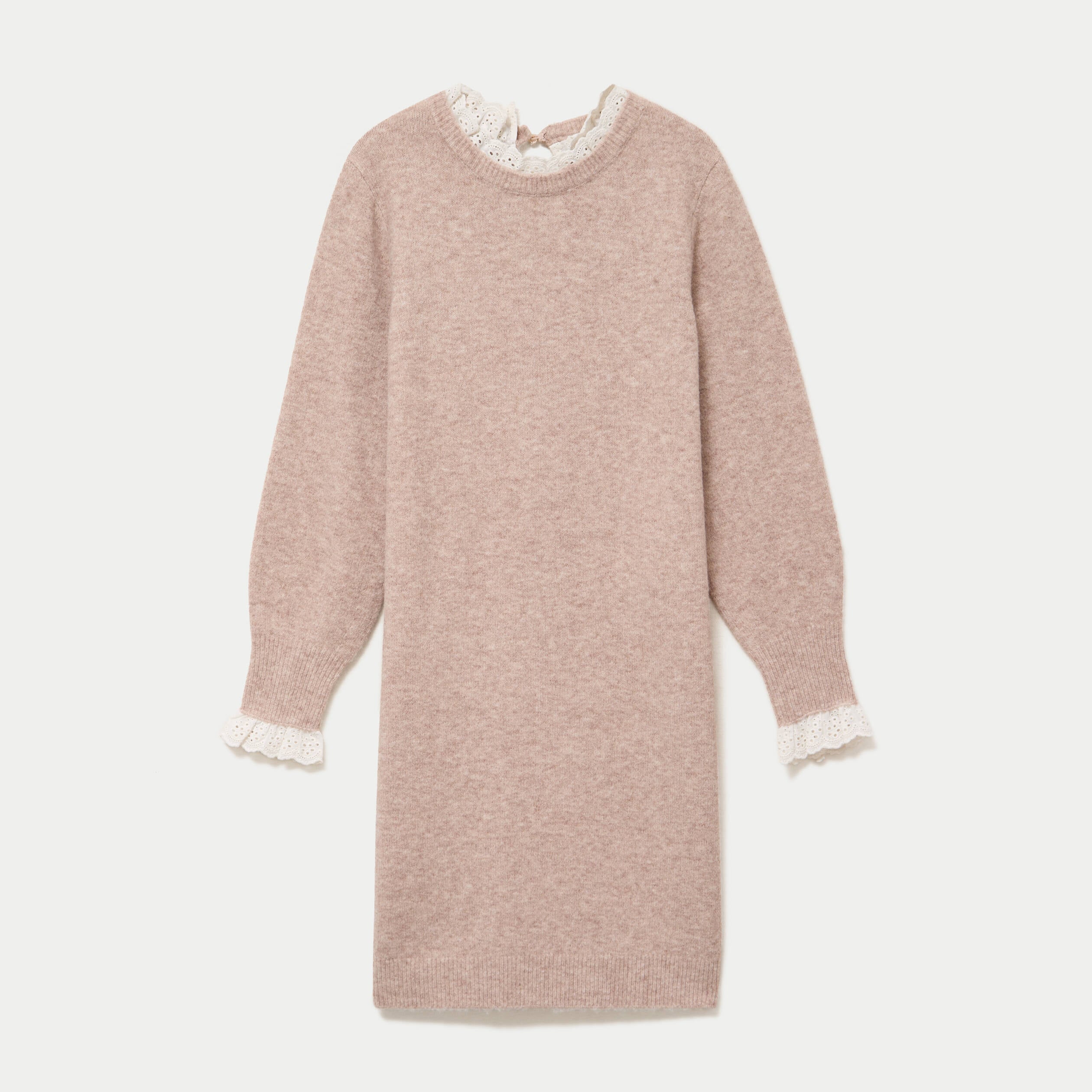 Robe pull ajust&eacute;e col rond dentelle taupe femme