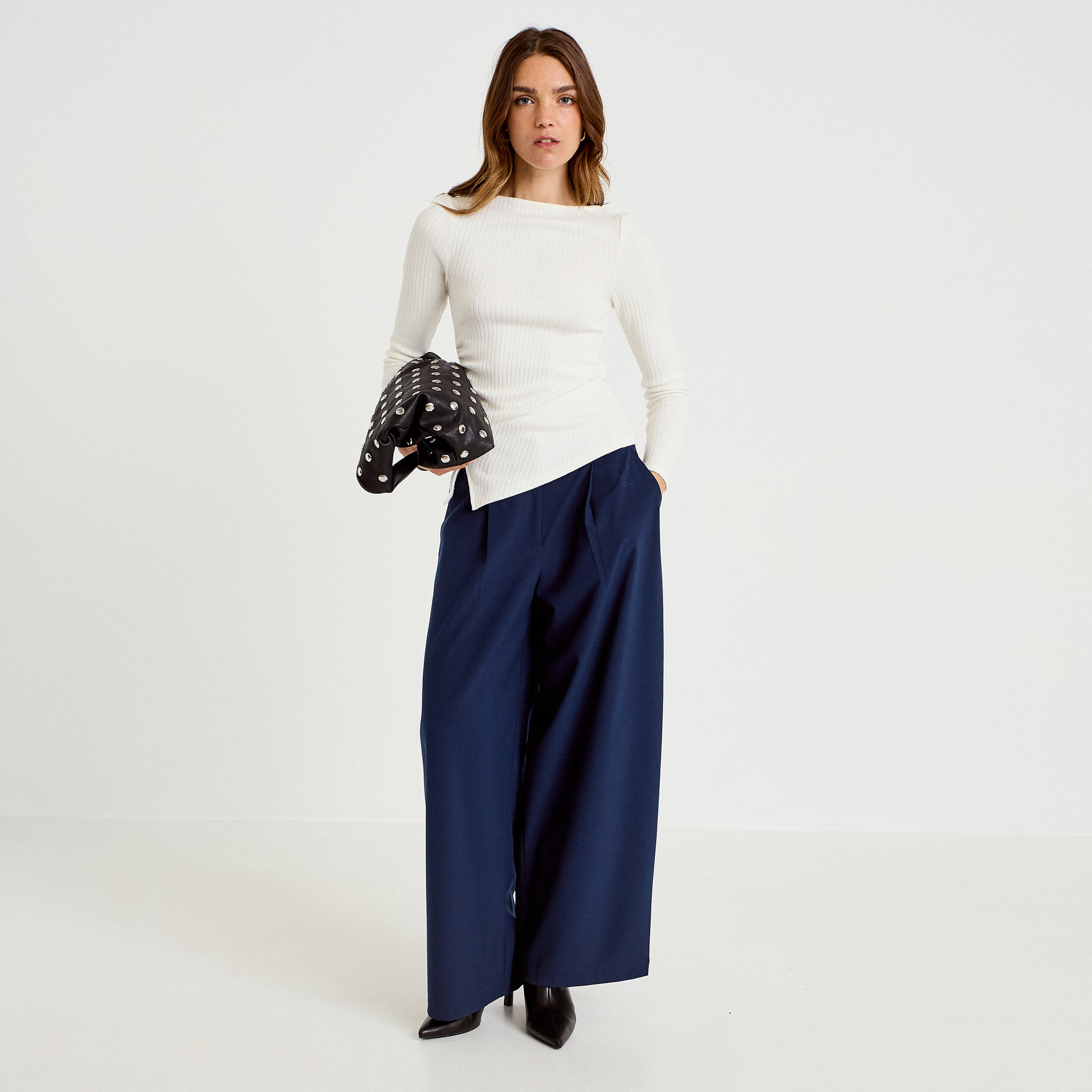 Top ajust&eacute; manches longues col rond ecru femme