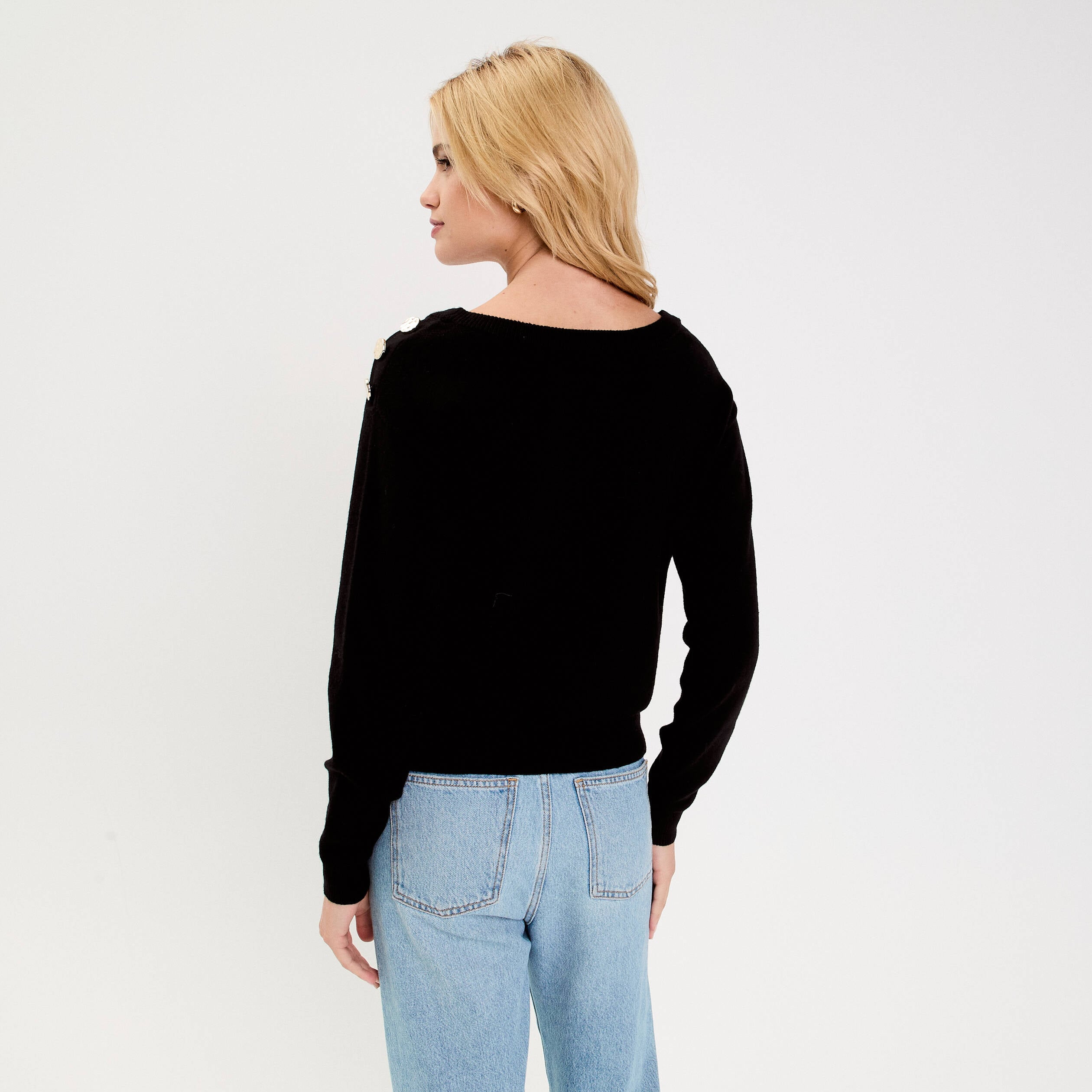 Pull fin col rond manches longues noir femme