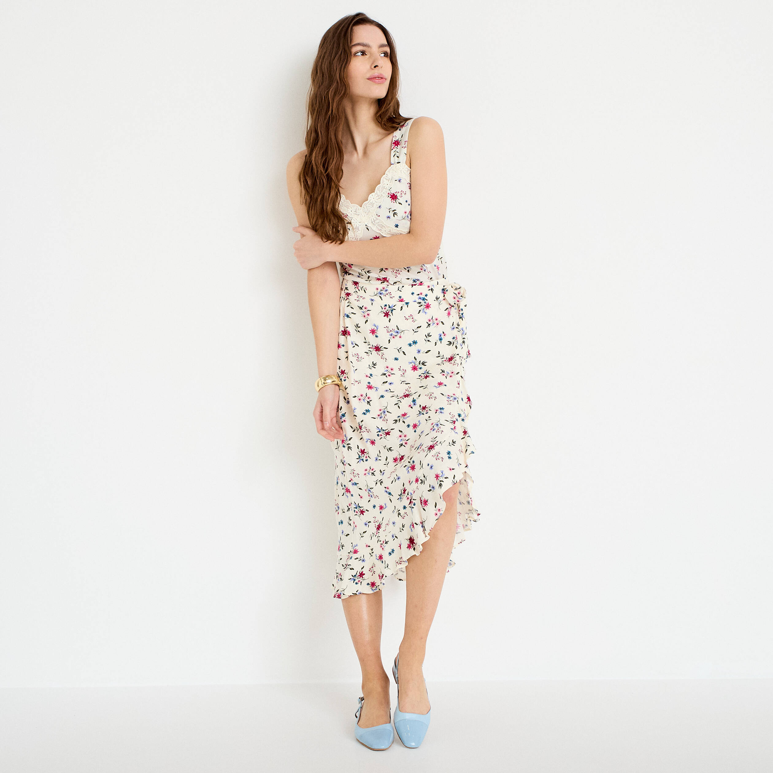 Jupe longue portefeuille beige clair femme