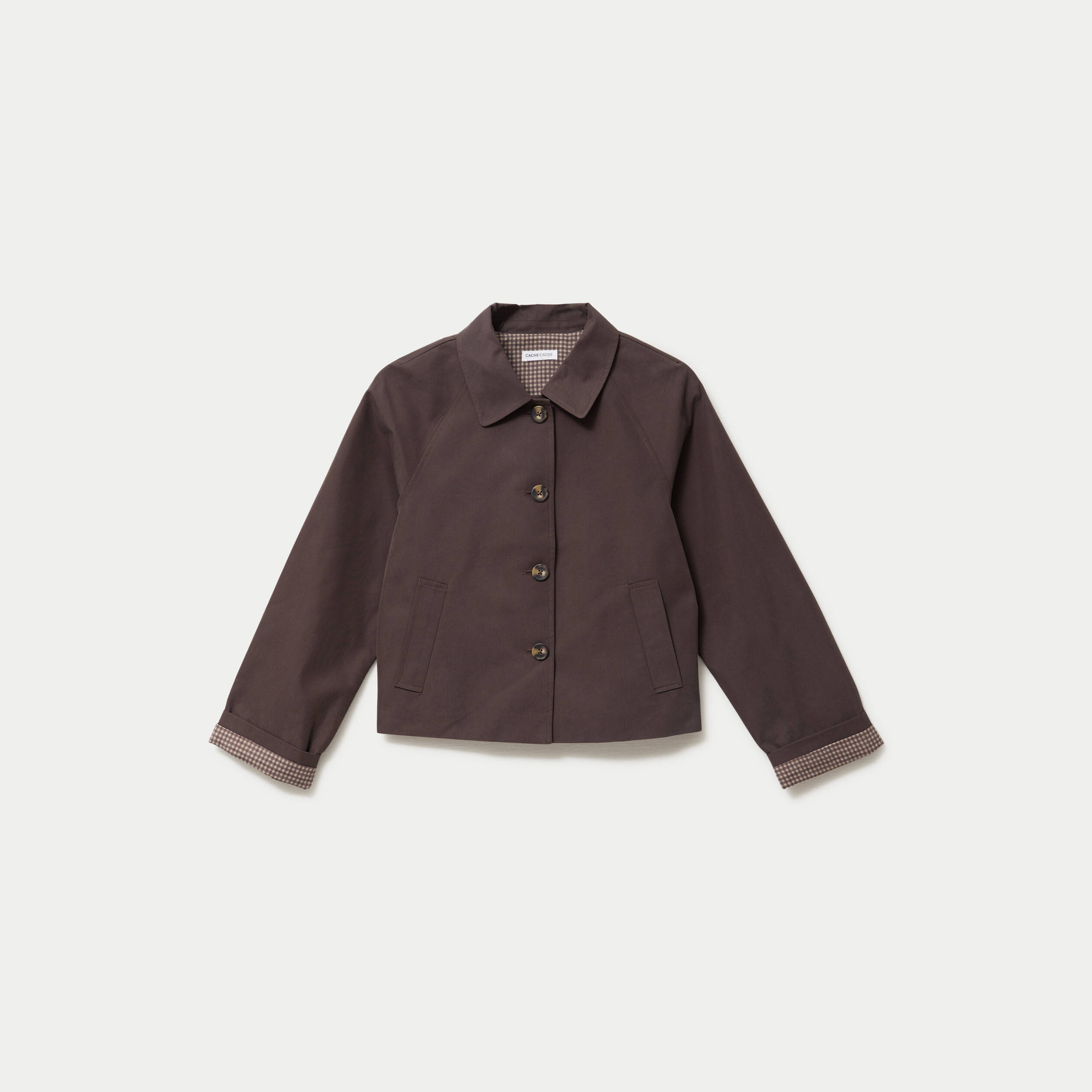 Veste courte boutonn&eacute;e doublure vichy marron fonc&eacute; femme