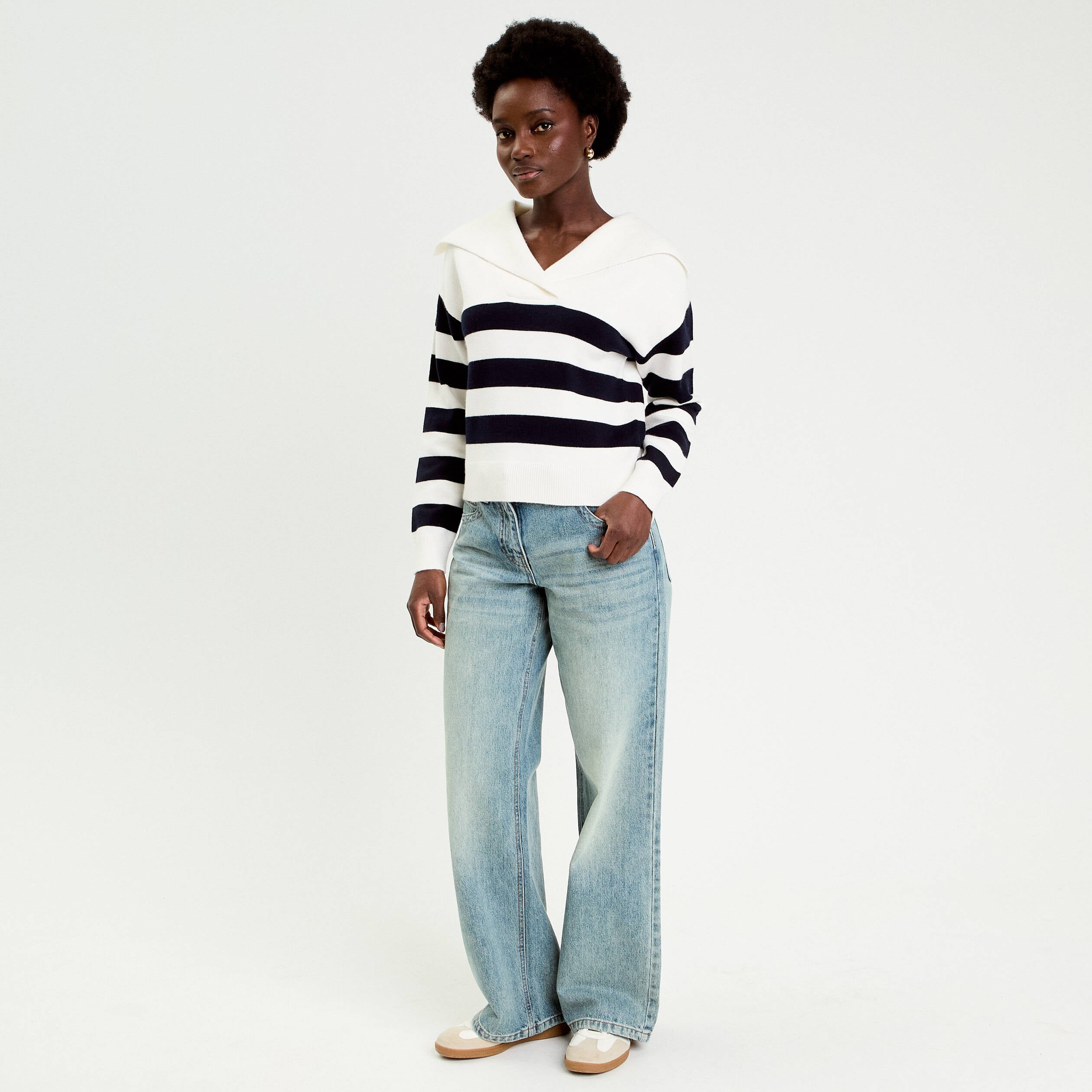 Pull col marin manches longues blanc femme