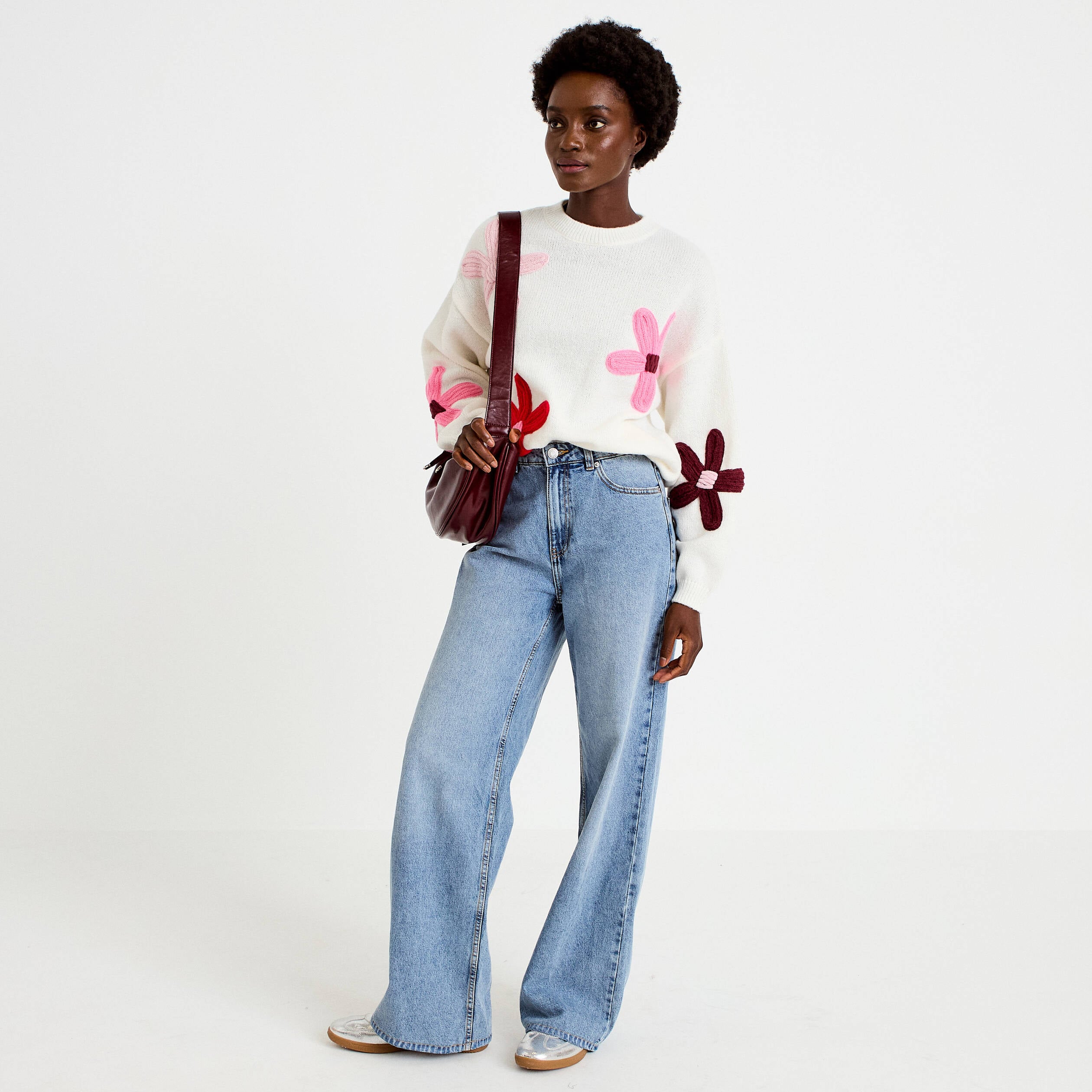 Pull oversize col rond manches longues ecru femme