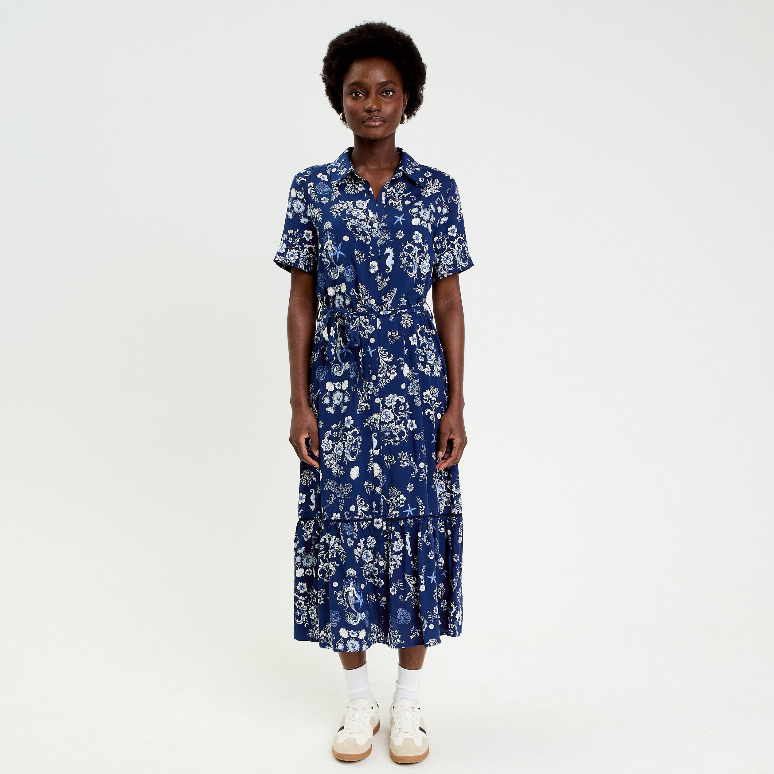 Robe longue col chemise bleu marine femme