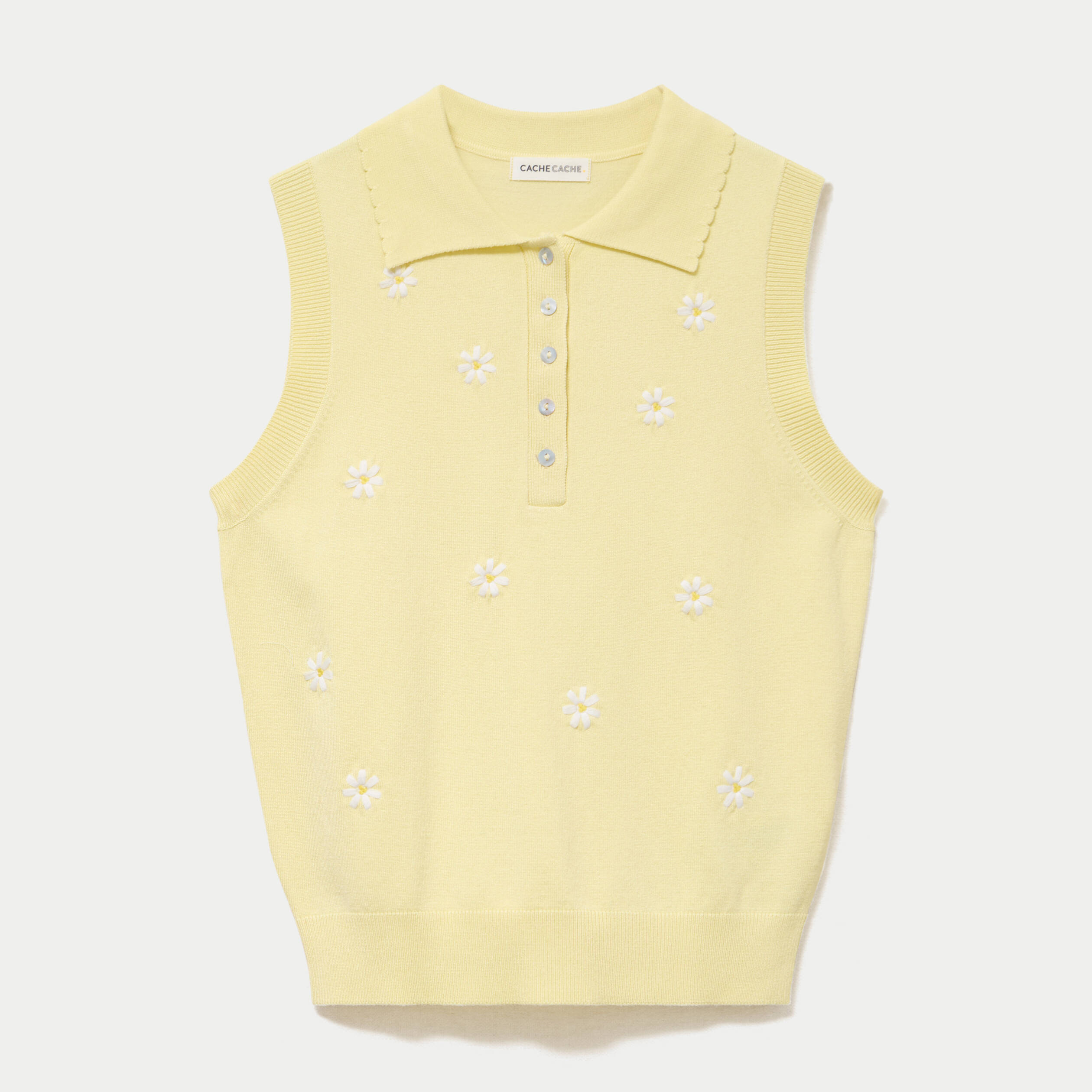 Polo sans manches col chemise brod&eacute; jaune clair femme