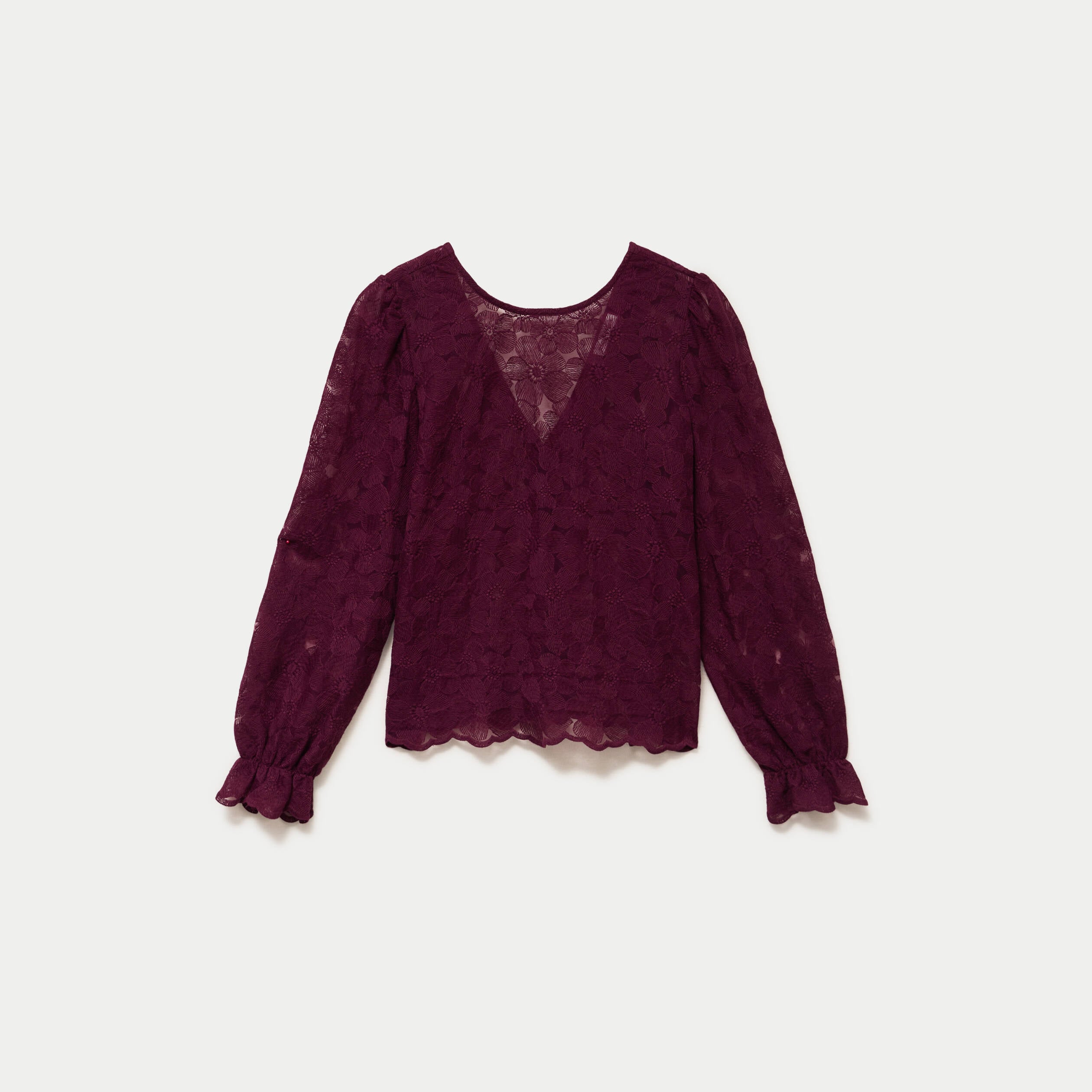 Blouse droite col v en dentelle prune femme