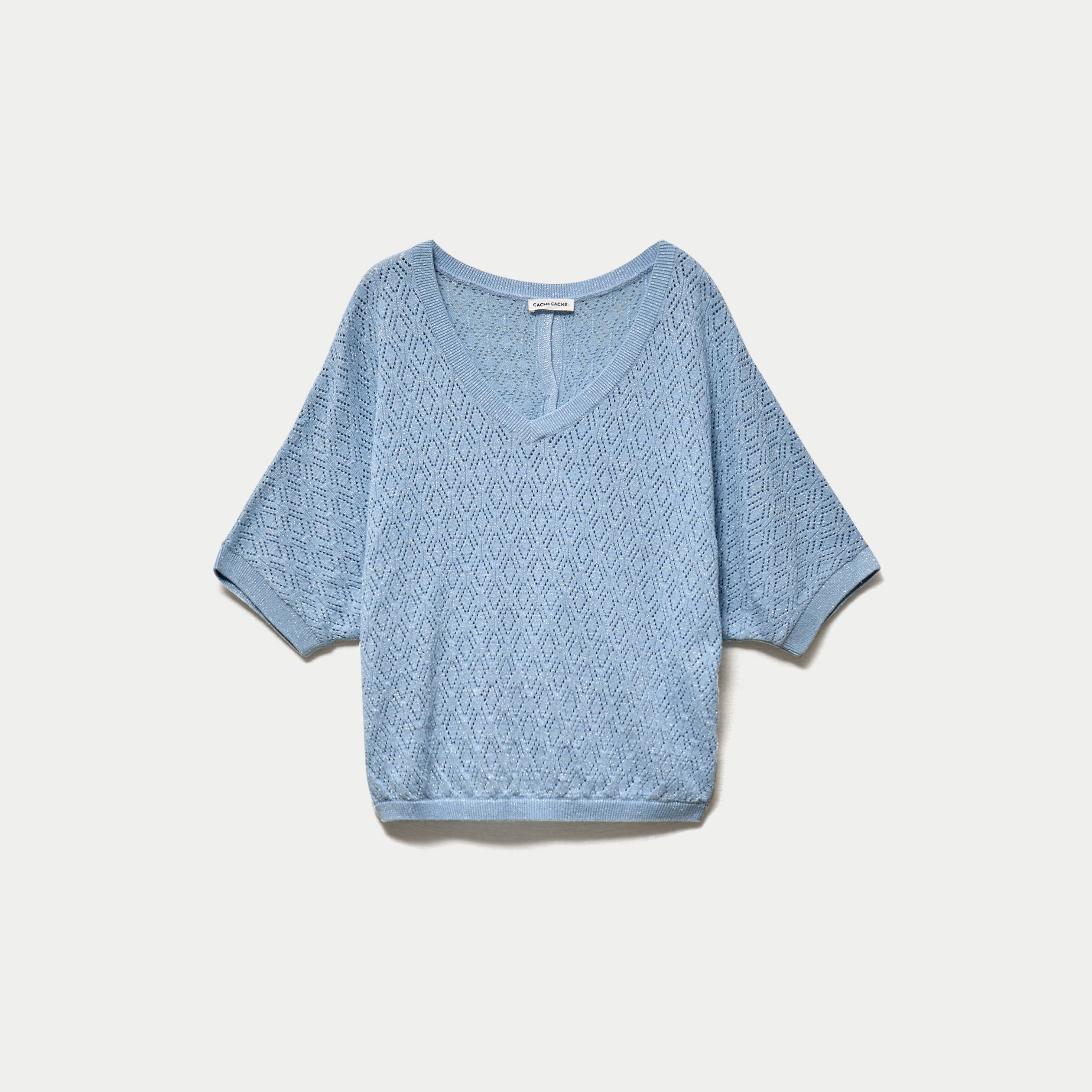 Pull ajour&eacute; col v manches courtes bleu ciel femme