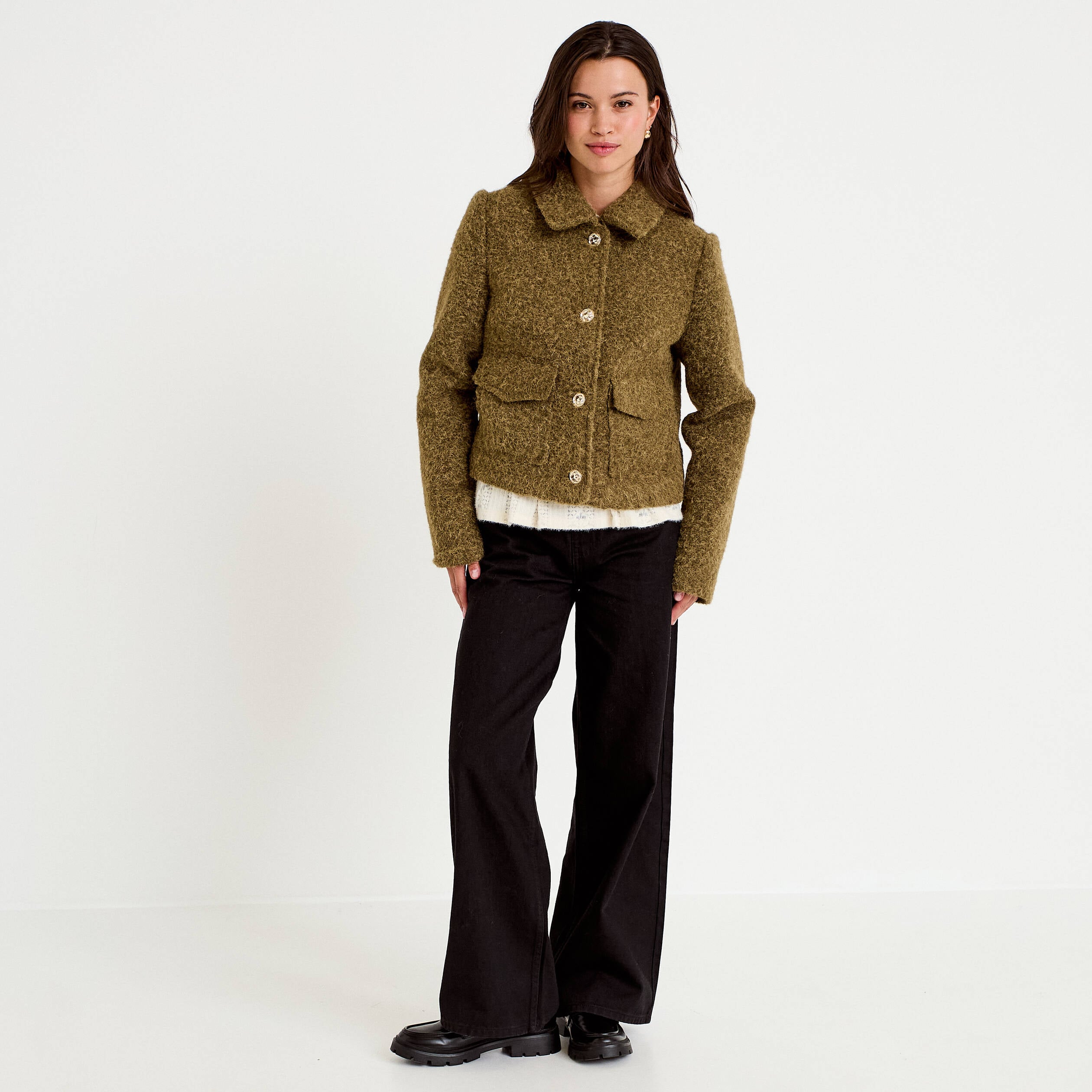 Veste droite bouclette col classique vert kaki femme