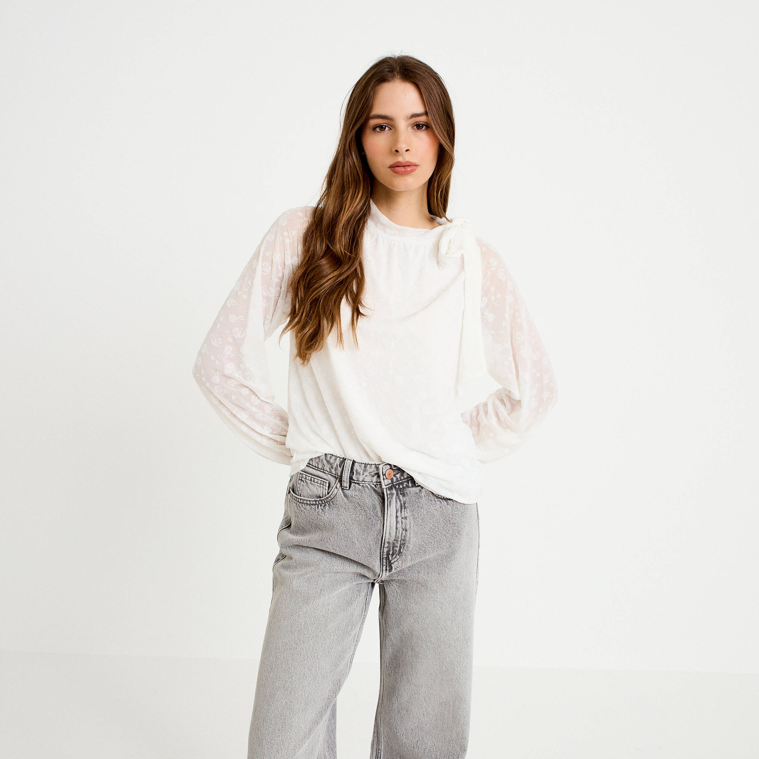 Blouse droite manches longues ecru femme