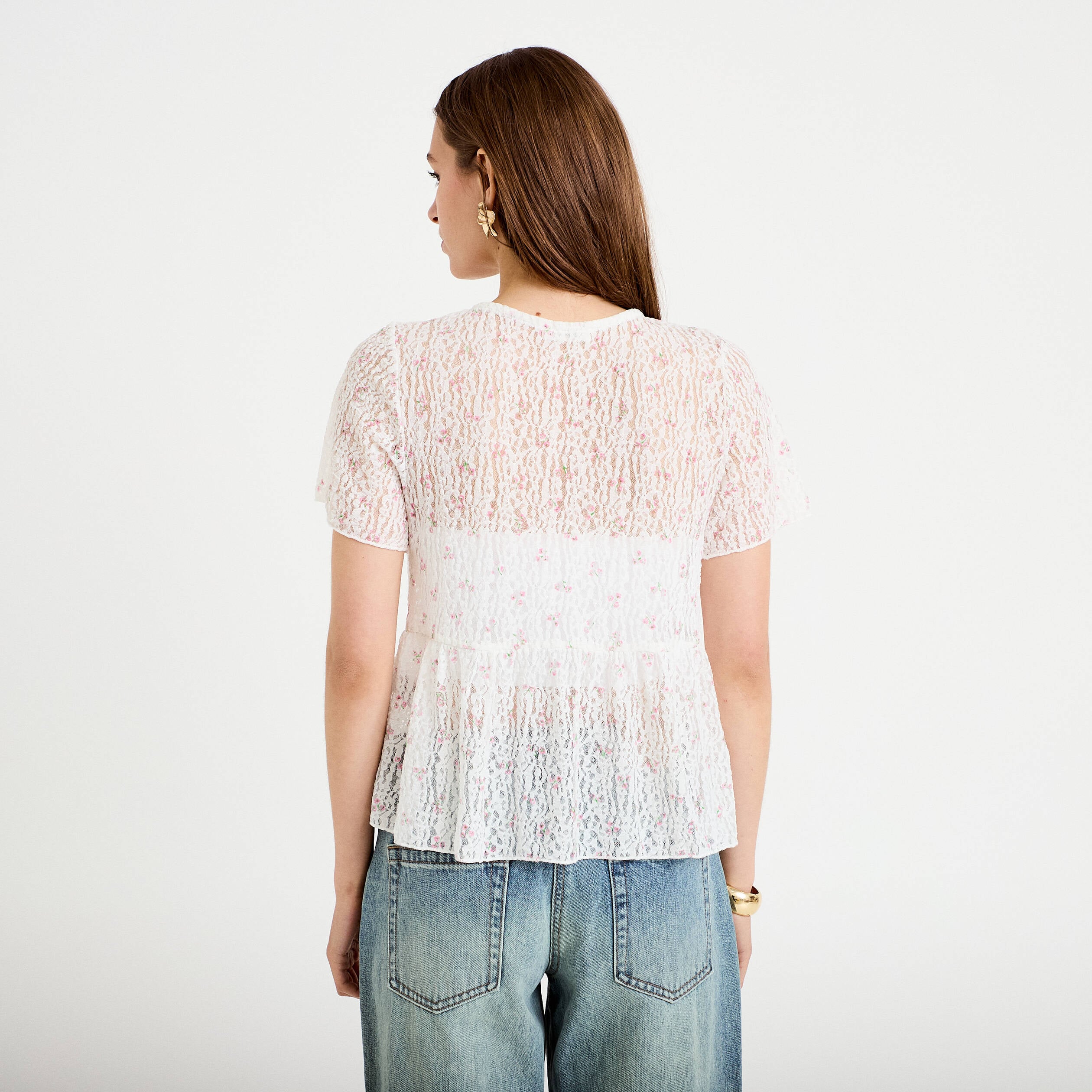 Blouse dentelle col rond manches courtes blanc femme