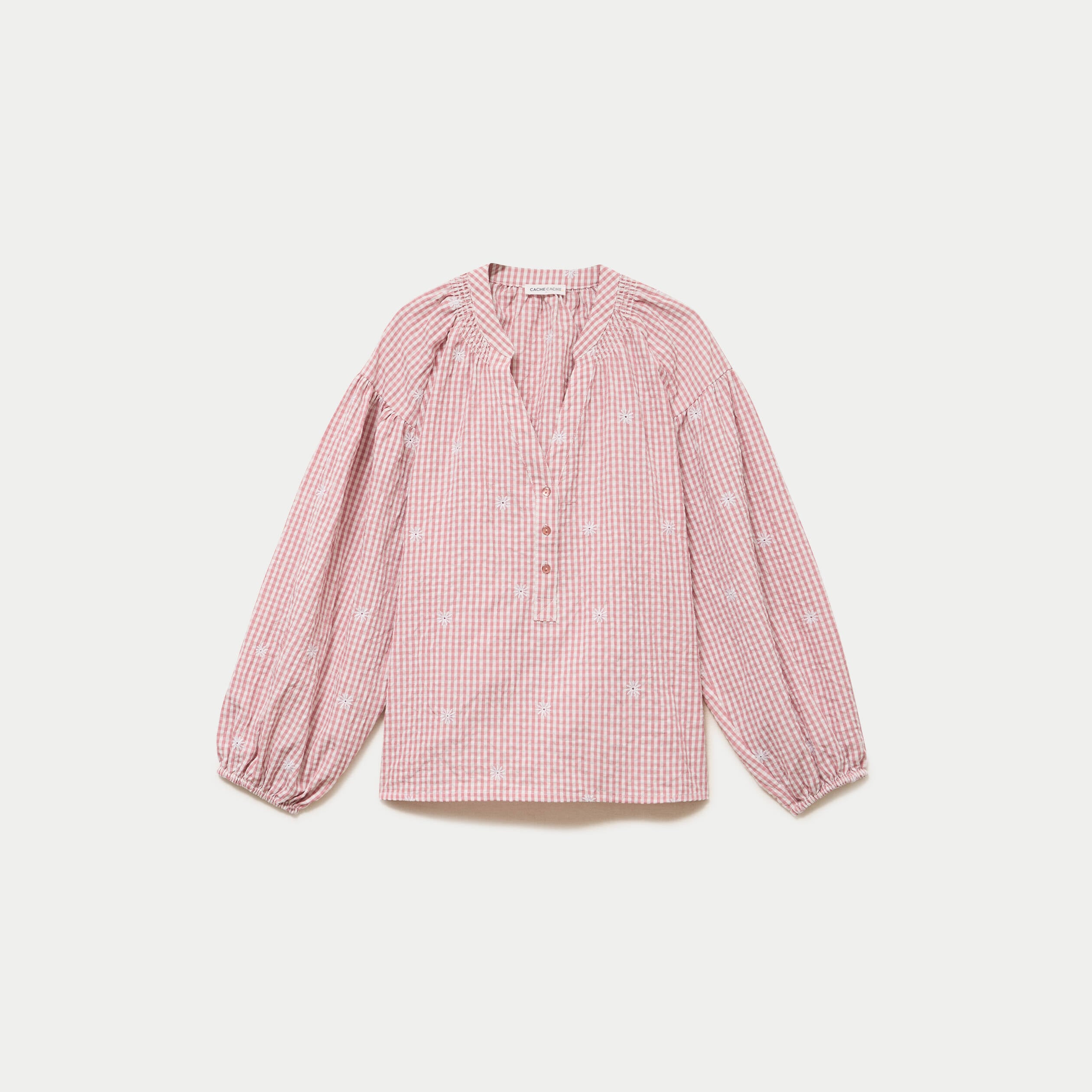 Blouse vichy brod&eacute;e rose femme