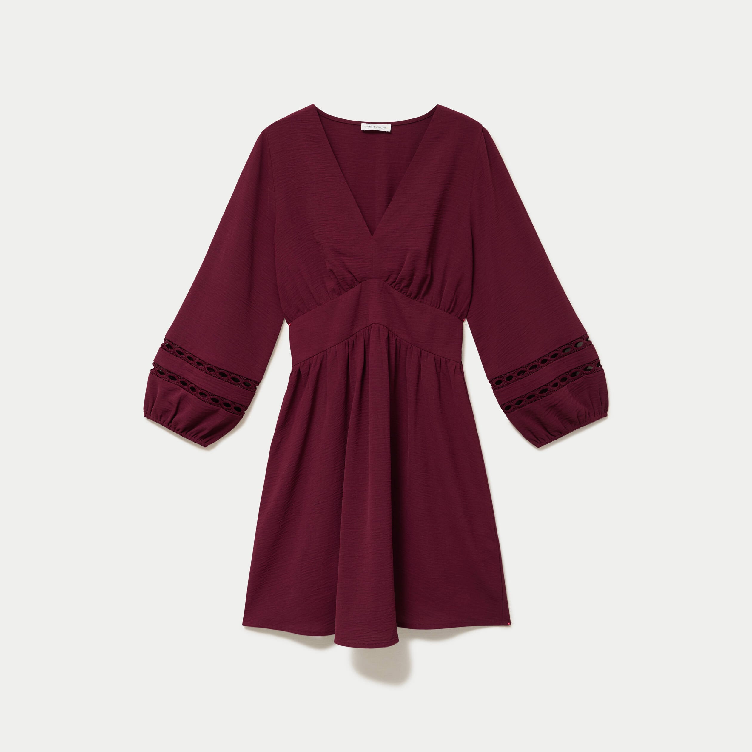 Robe courte &eacute;vas&eacute;e col v manches 3/4 bordeaux femme