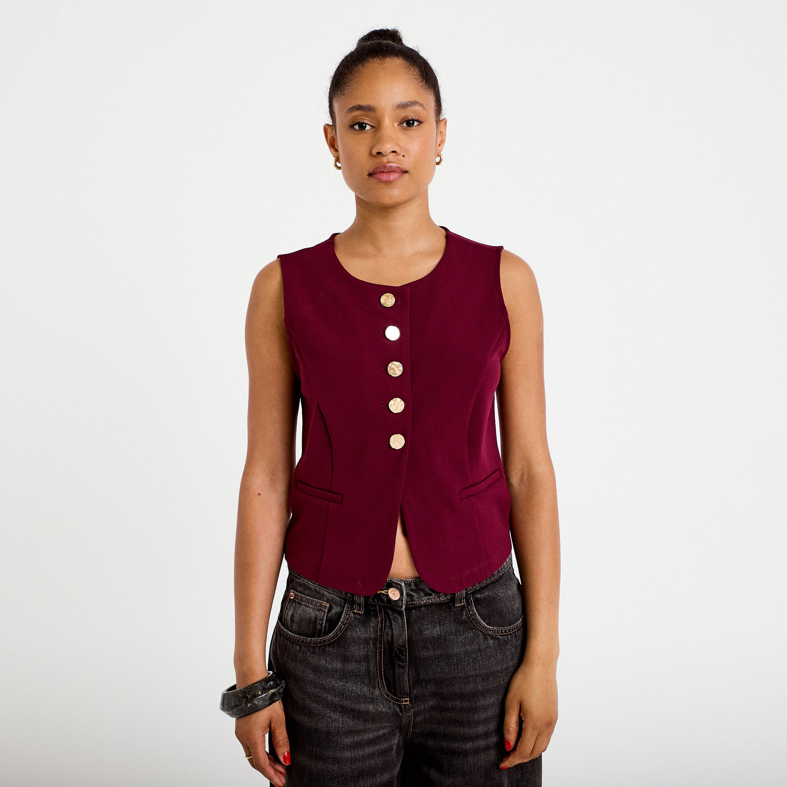 Gilet sans manches col rond bordeaux femme