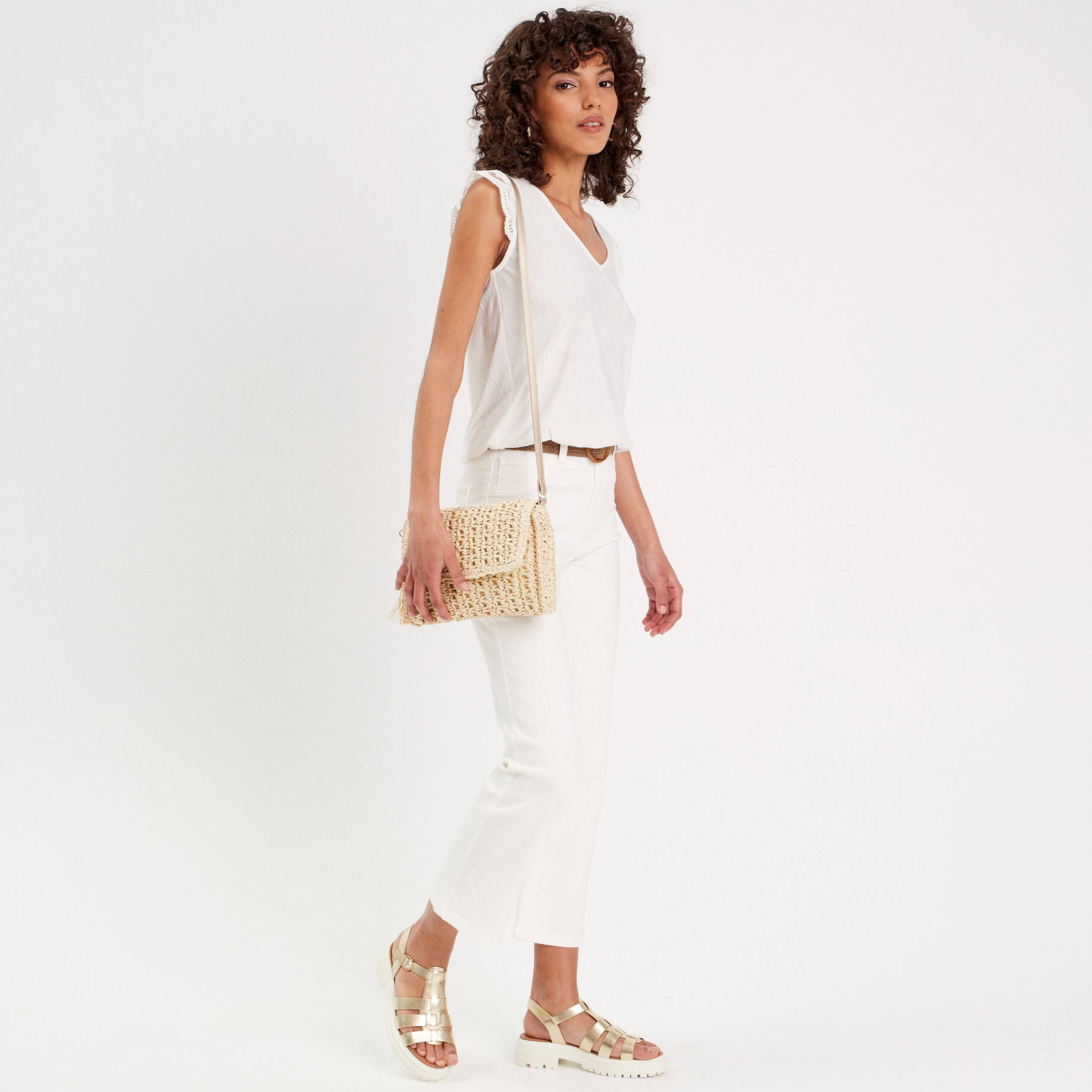 Blouse sans manches pliss&eacute;e ecru femme