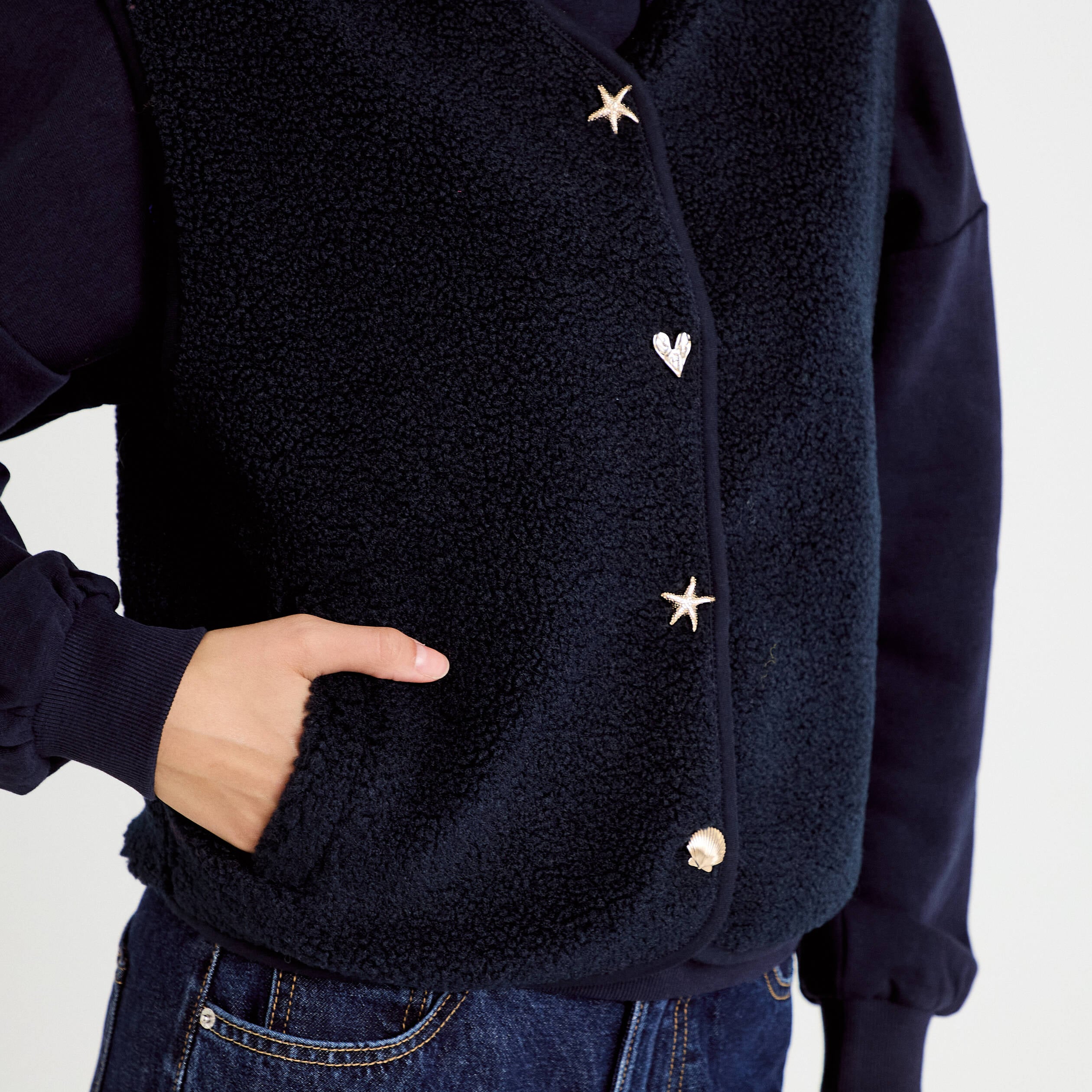 Gilet sans manches effet polaire col v bleu marine femme