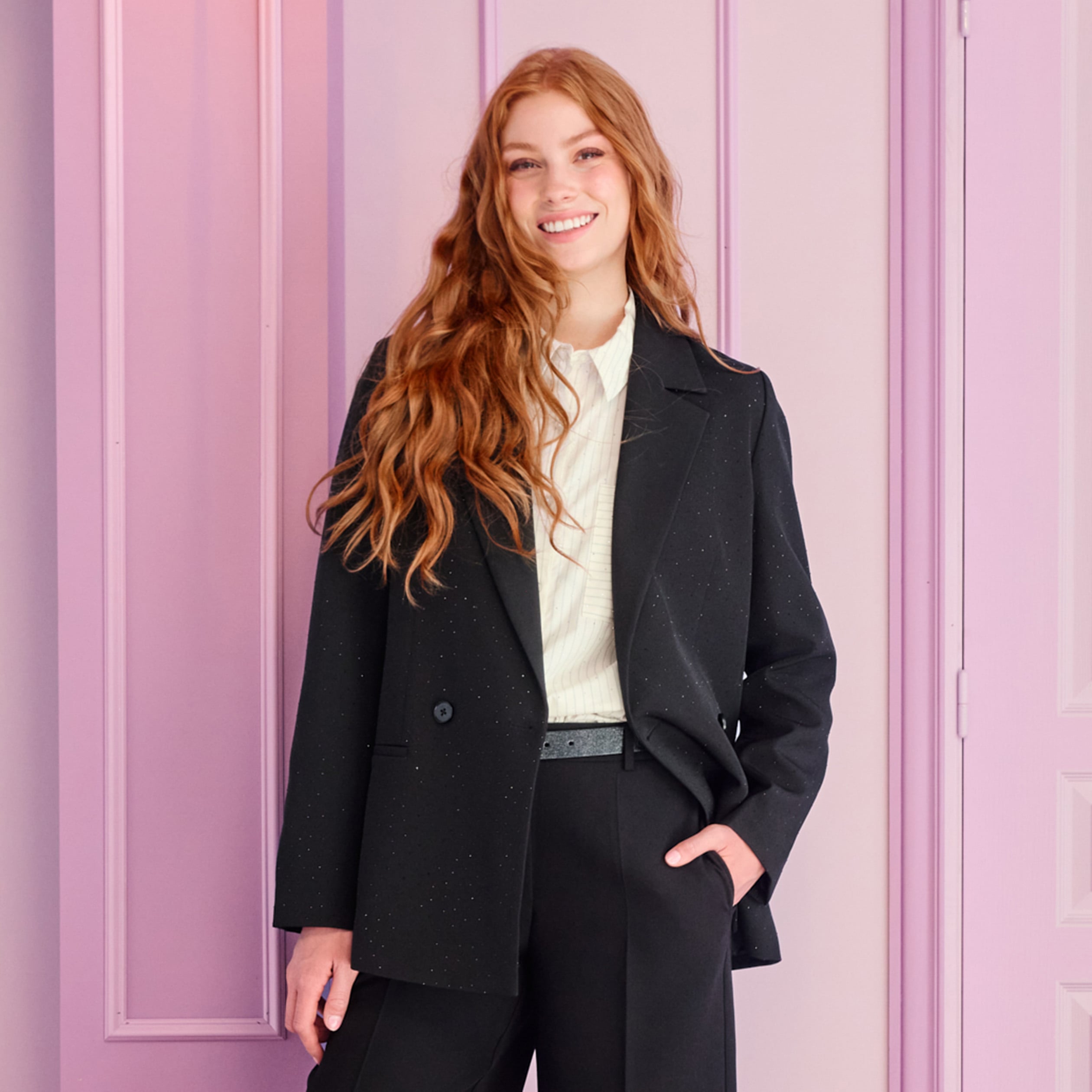 Blazer oversize brillant manches longues noir femme