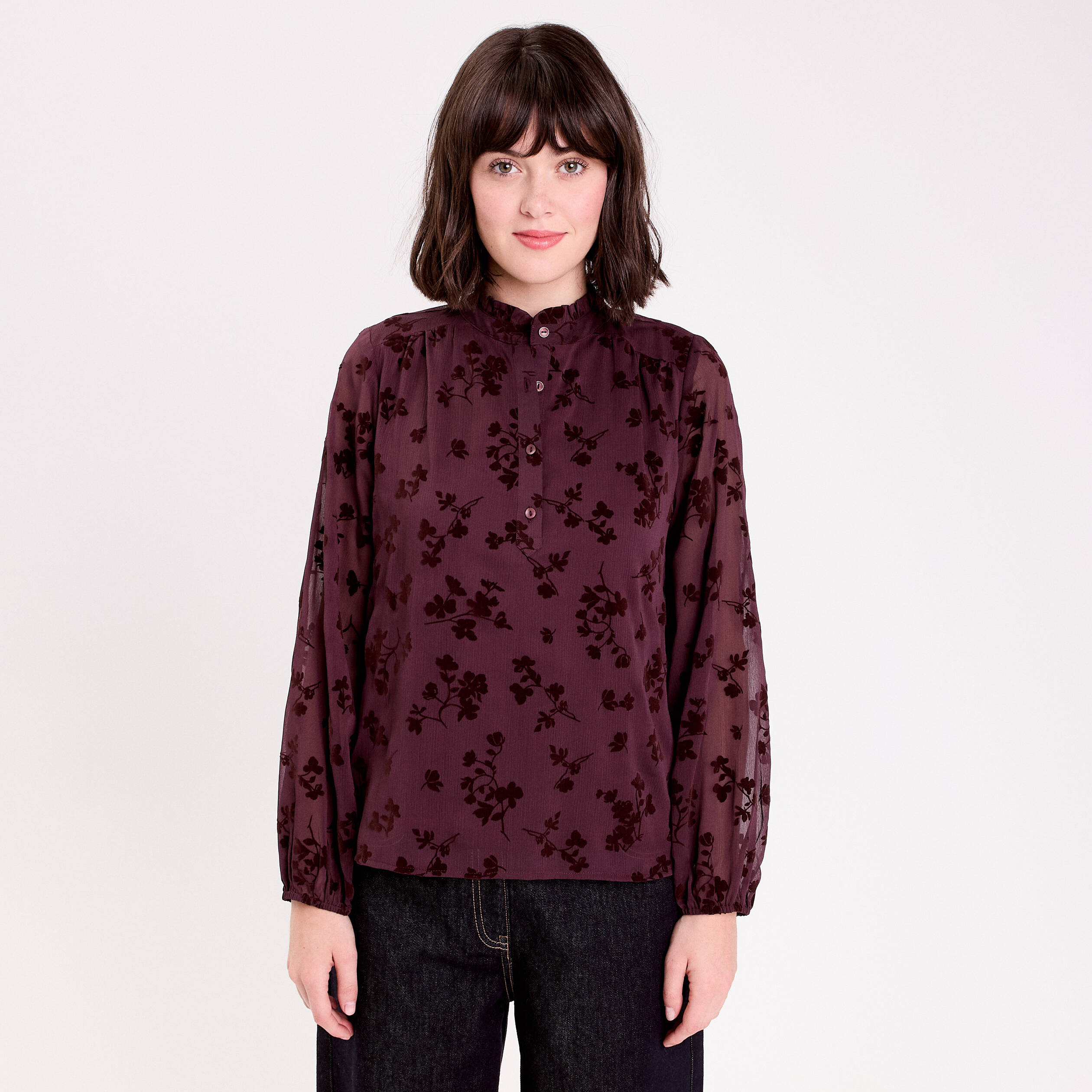 Blouse fluide manches longues marron cognac femme