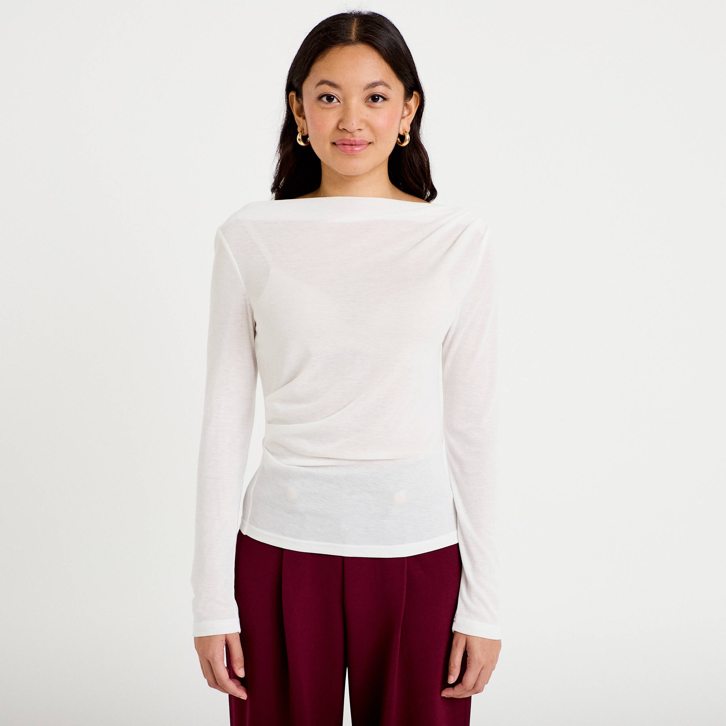 T-shirt col b&eacute;nitier manches longues ecru femme