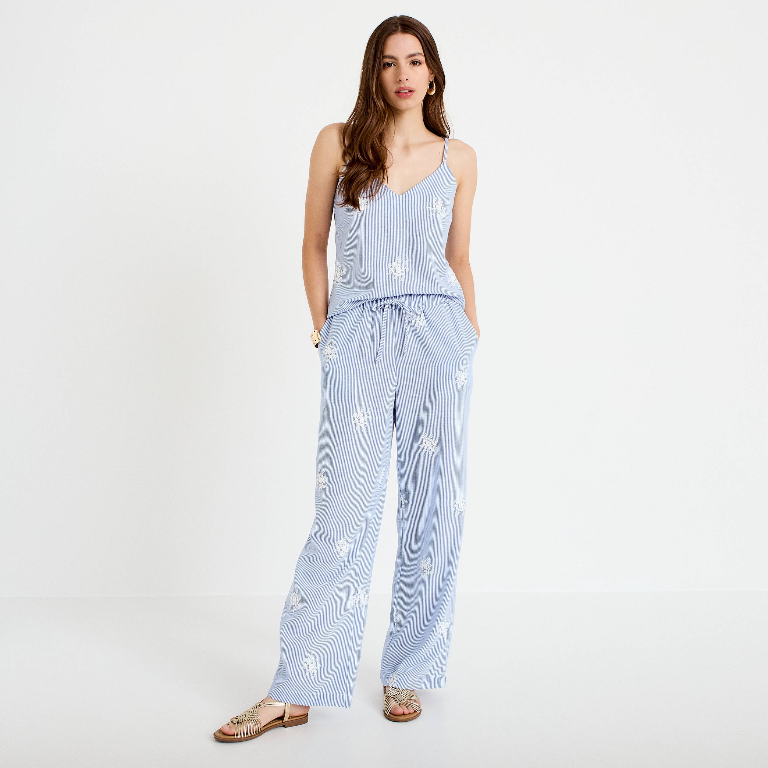 Pantalon large taille haute &agrave; relief blanc femme