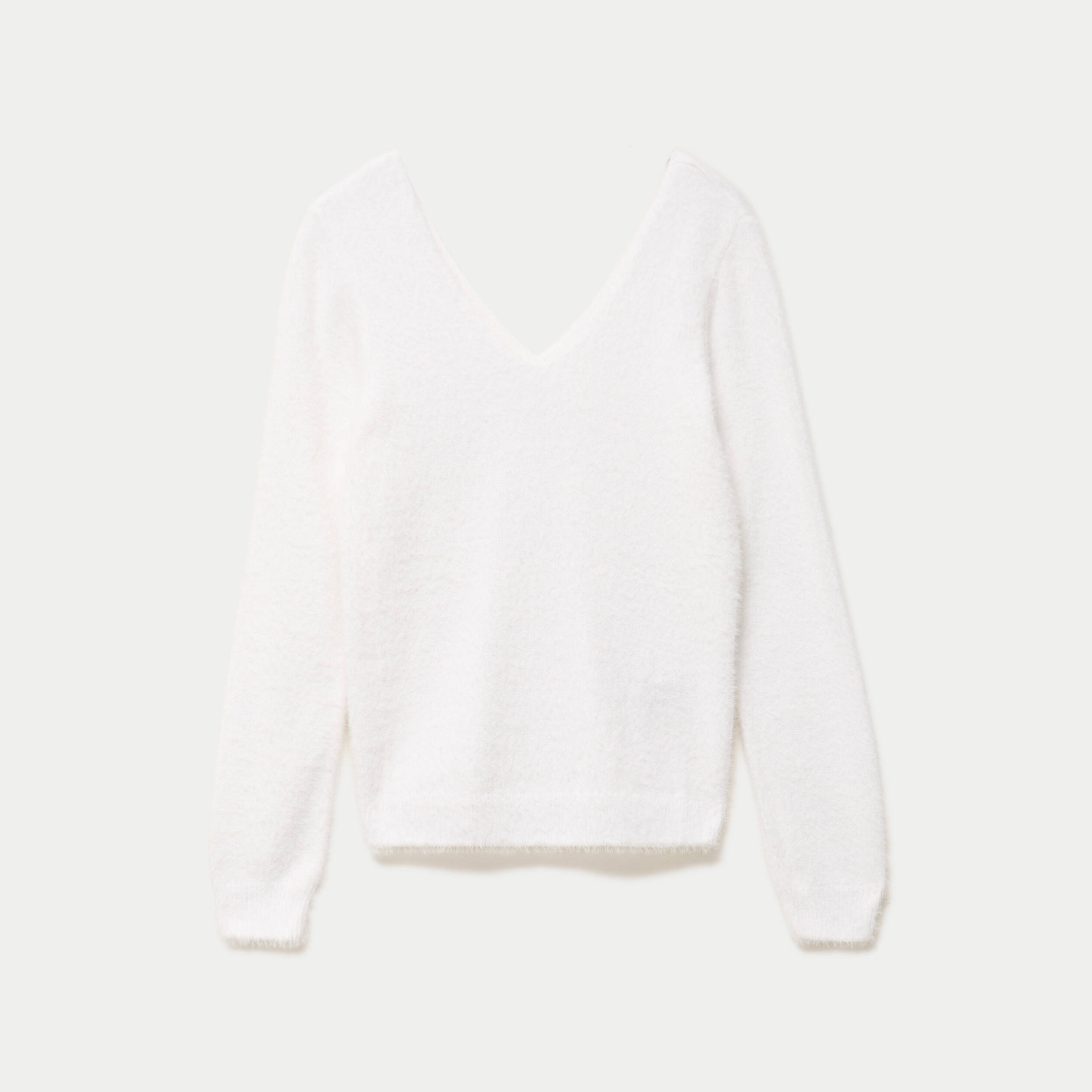 Pull col v manches longues perles ecru femme