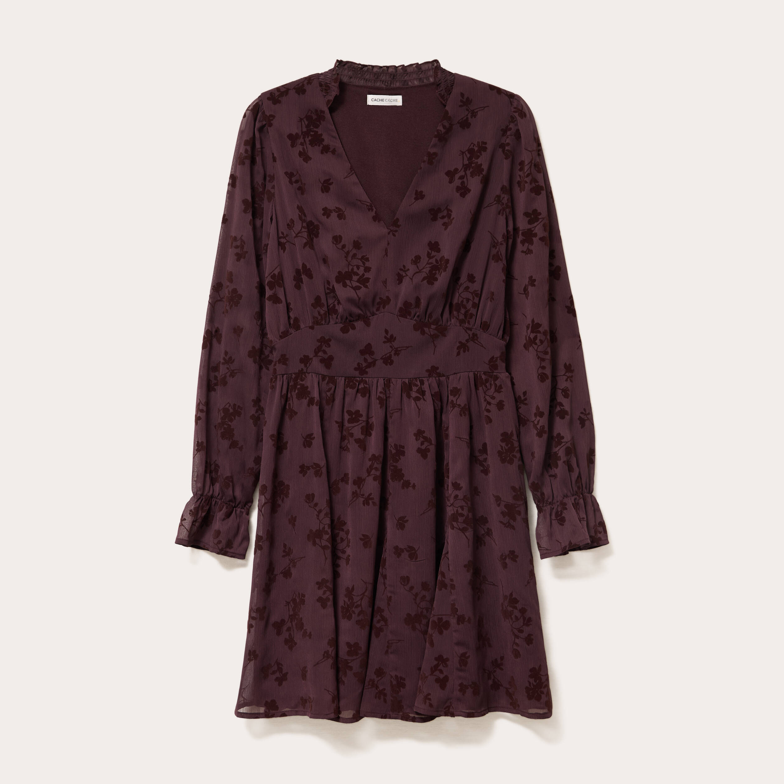 Robe courte &eacute;vas&eacute;e col v manches longues marron cognac femme