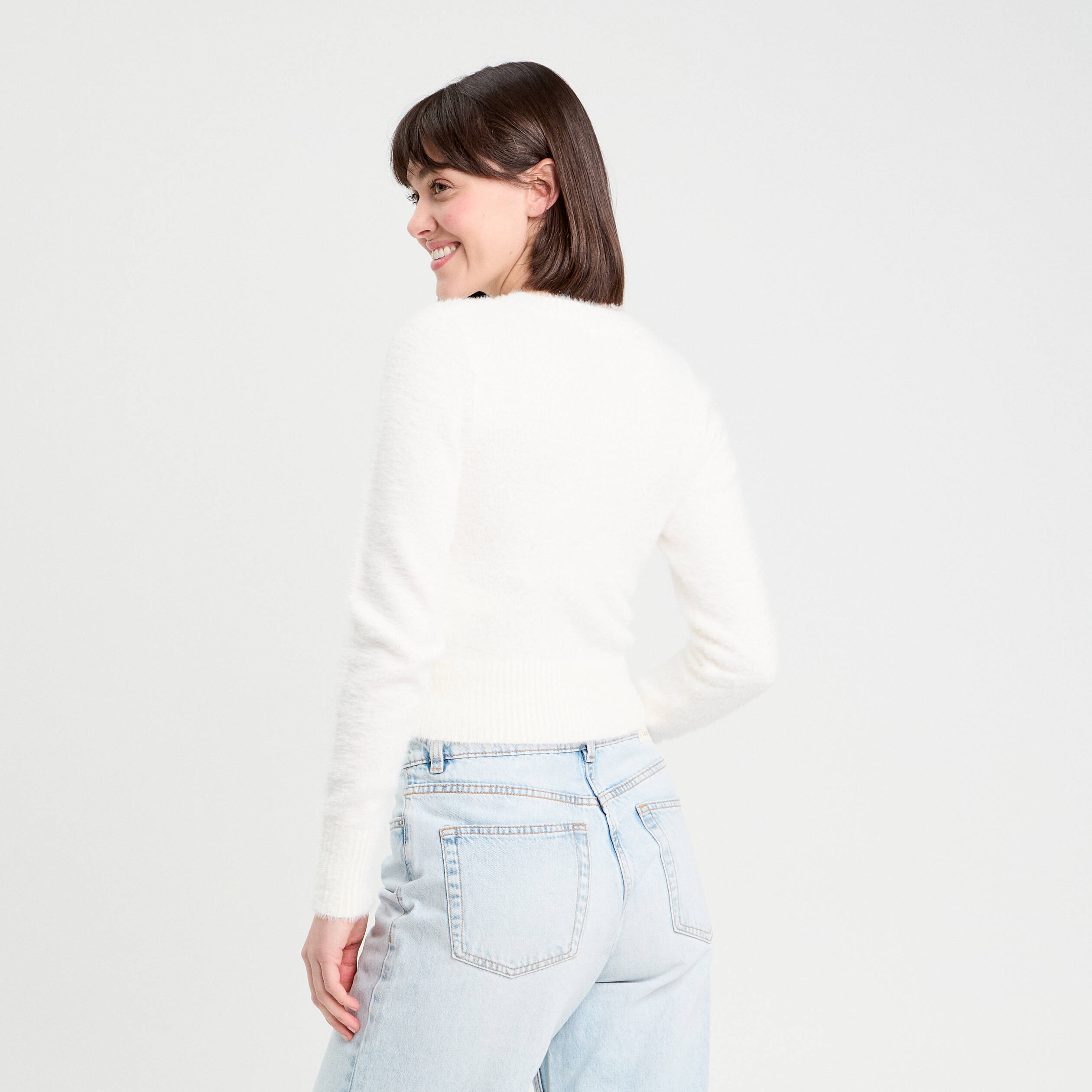 Gilet manches longues cropped ecru femme