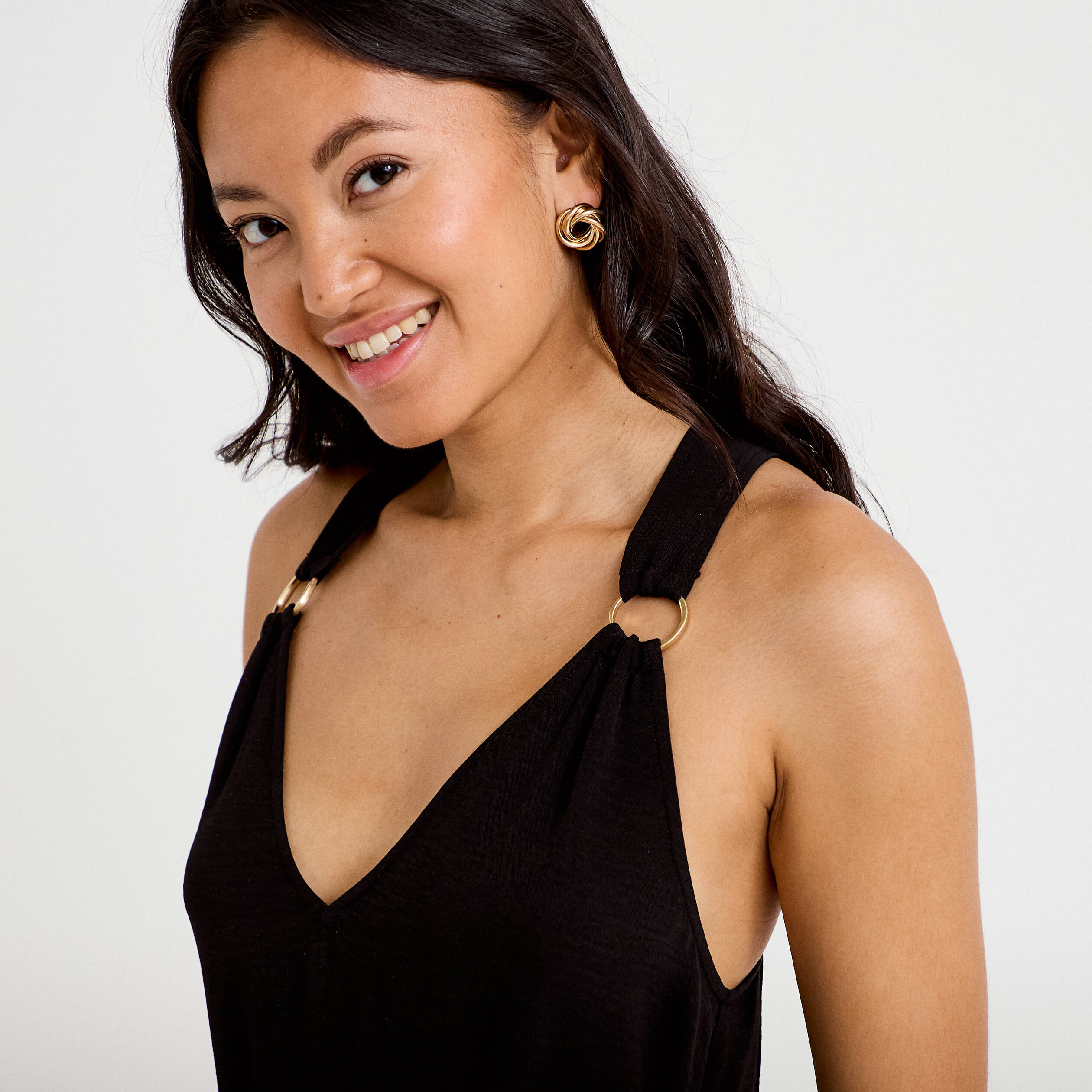 Robe longue droite col v bretelles fines noir femme