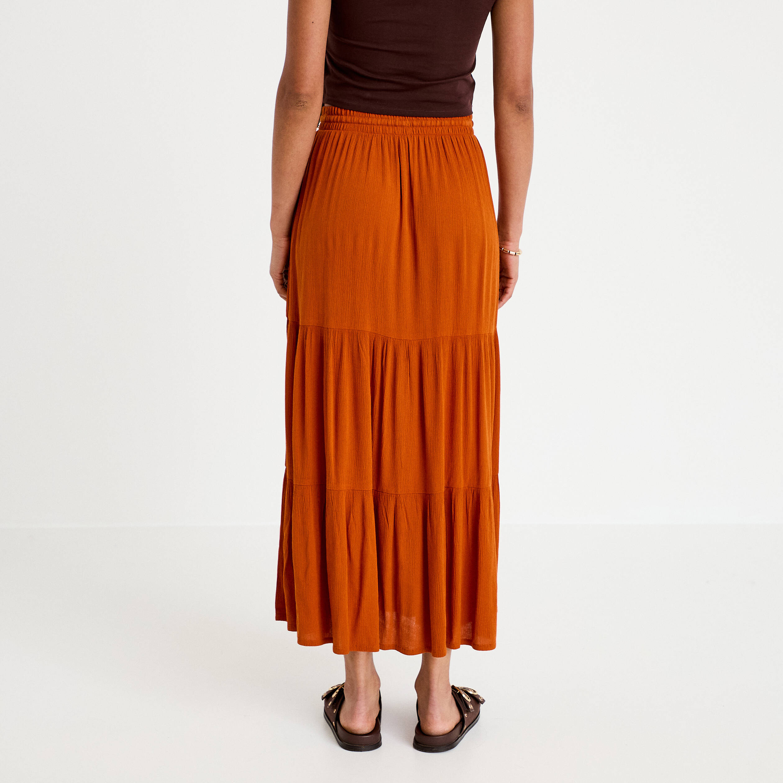 Jupe longue pliss&eacute;e &eacute;vas&eacute;e orange fonc&eacute; femme