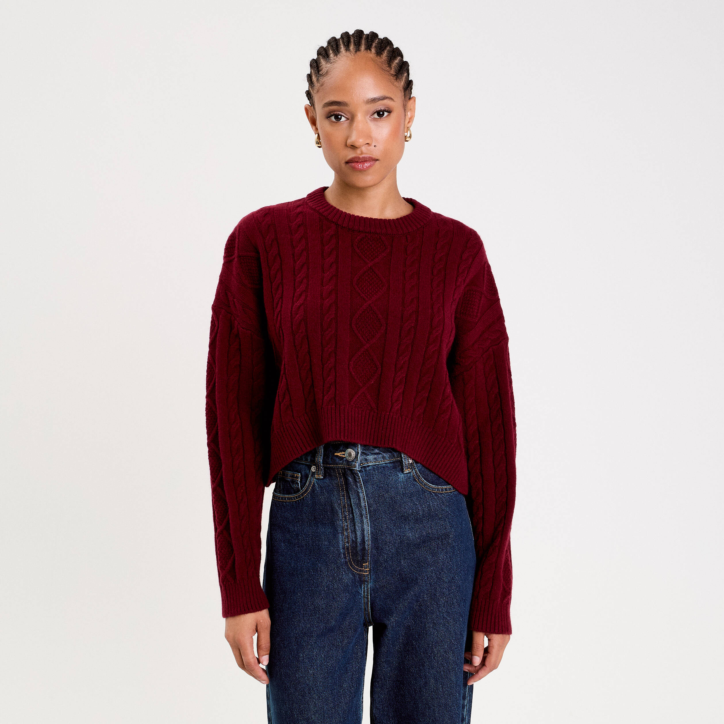 Pull avec torsades rouge fonc&eacute; femme