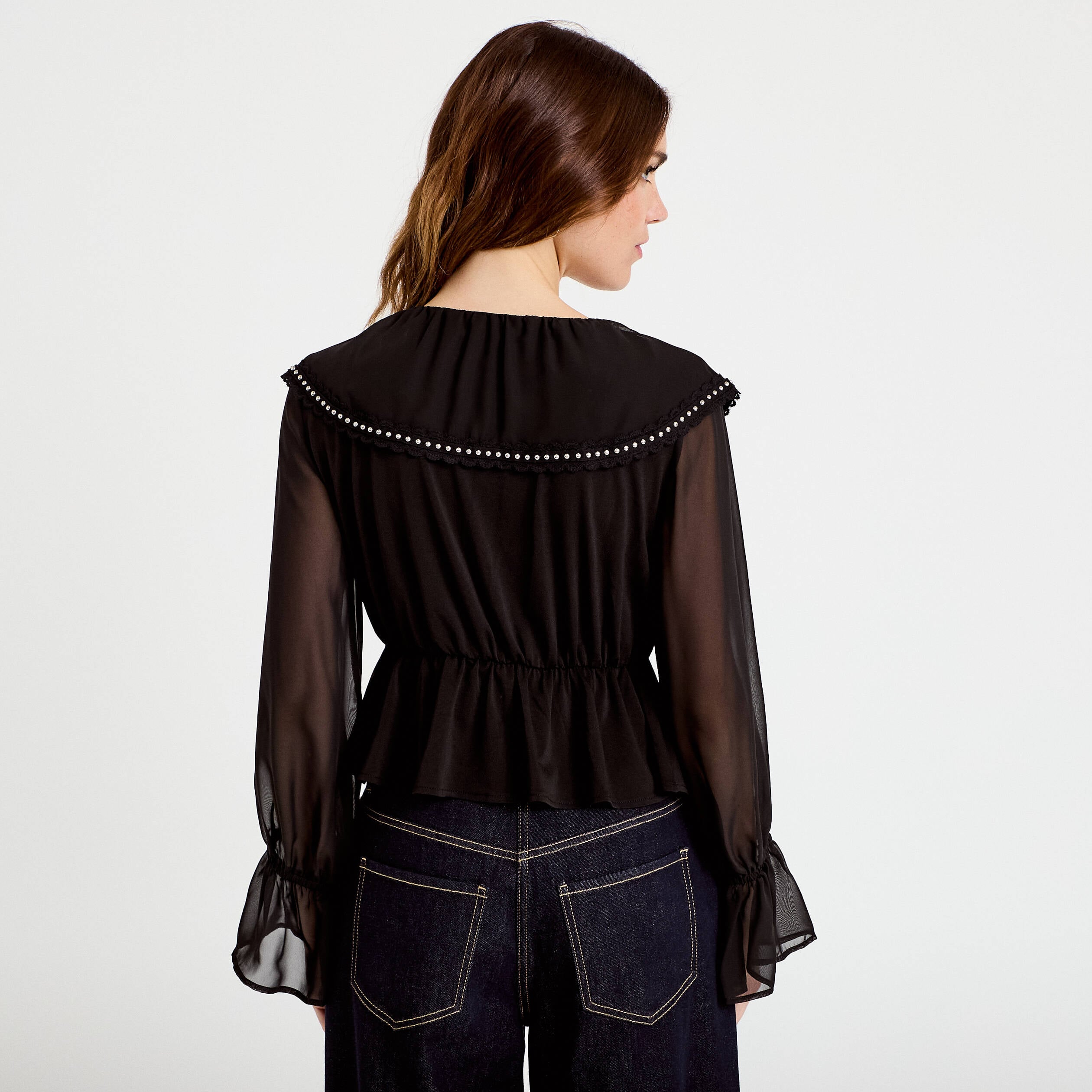 Blouse col claudine bas resserr&eacute; noir femme