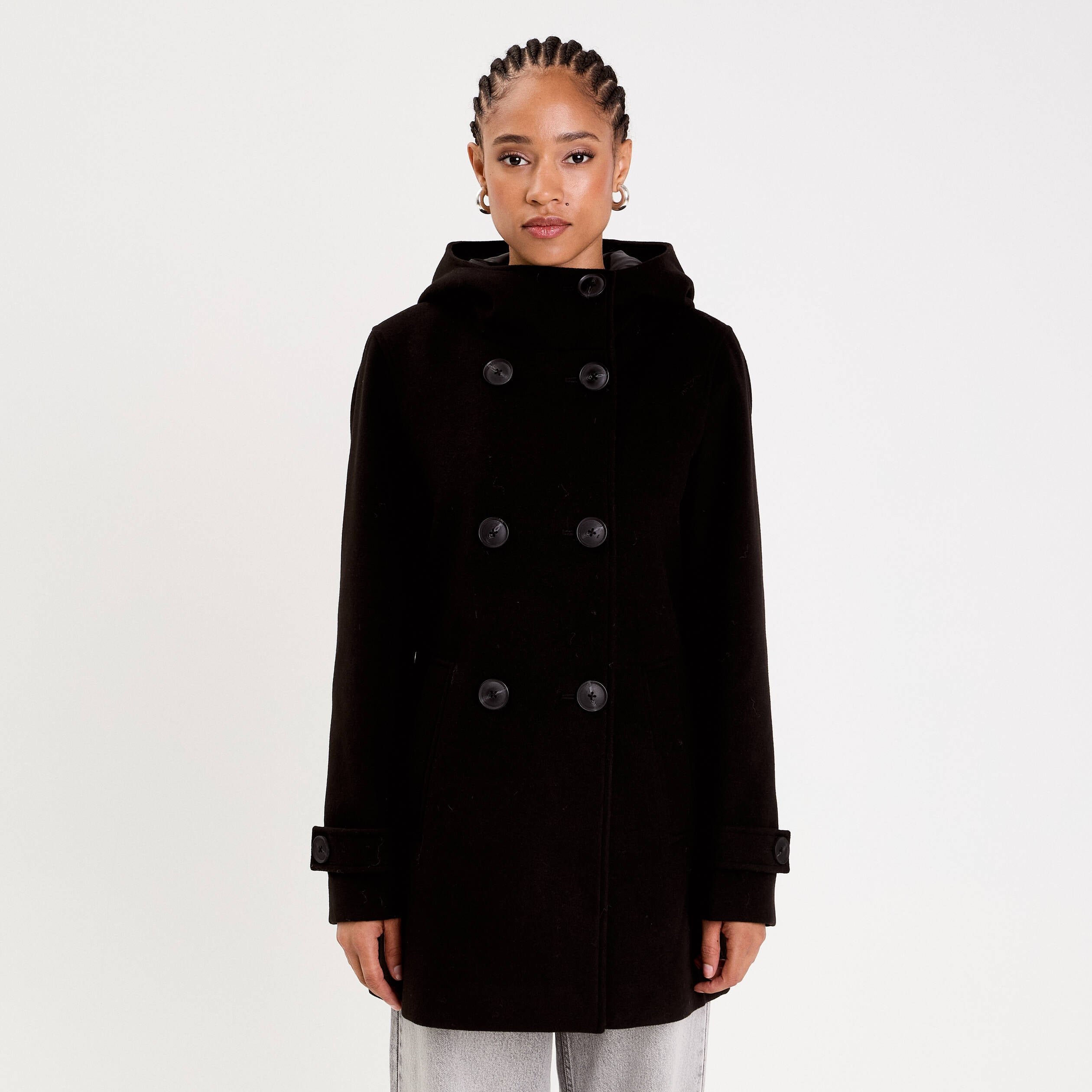 Manteau ajust&eacute; 3/4 &agrave; capuche noir femme
